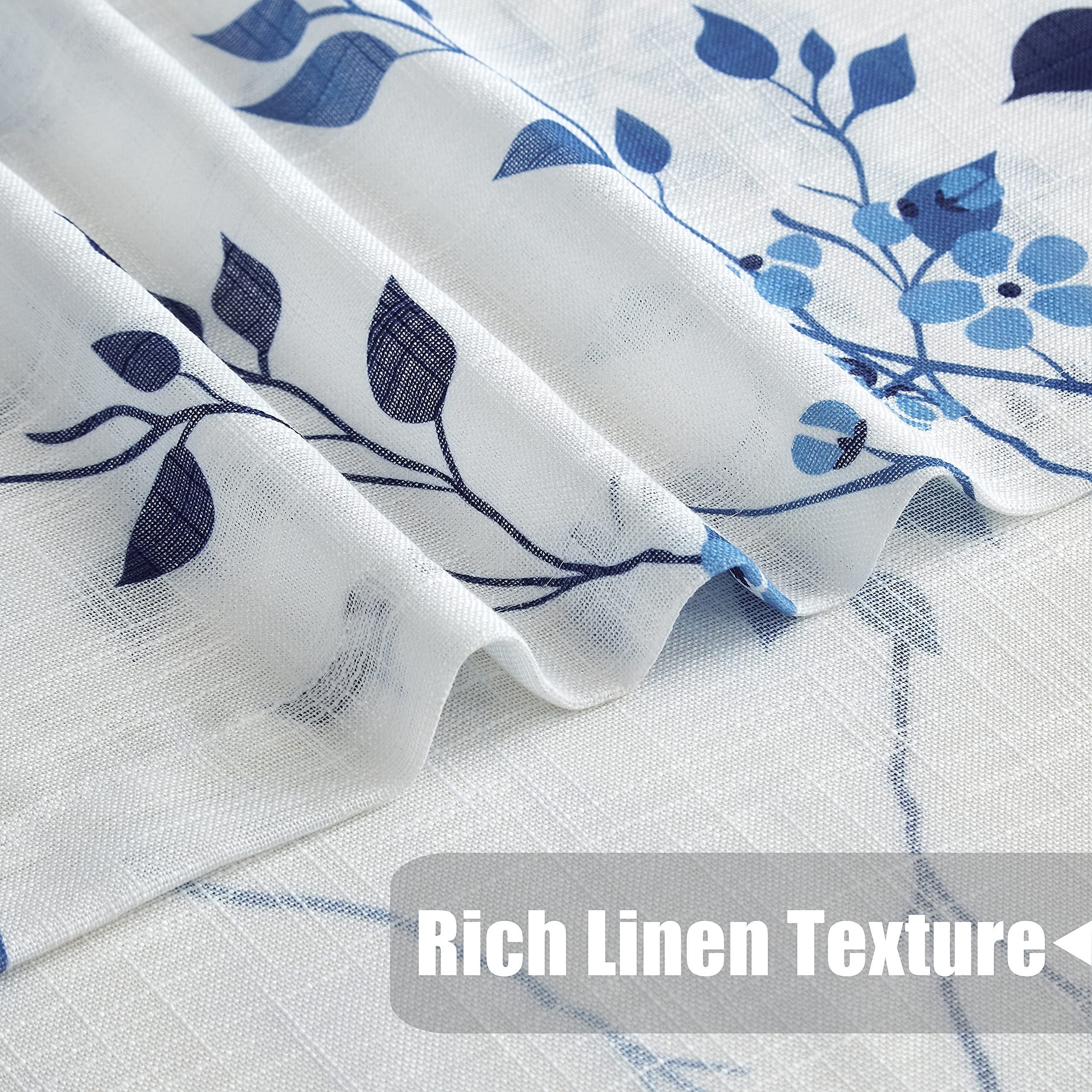 Beauoop Navy Blue Floral Semi Sheer Curtains – Linen Textured 2 Panels