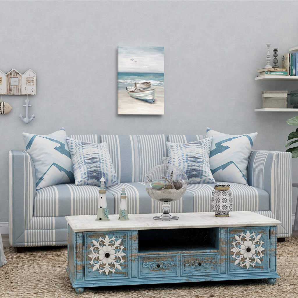 SUMGAR Ocean Wall Art – Blue Coastal Beach Canvas Painting, 16x24 Framed