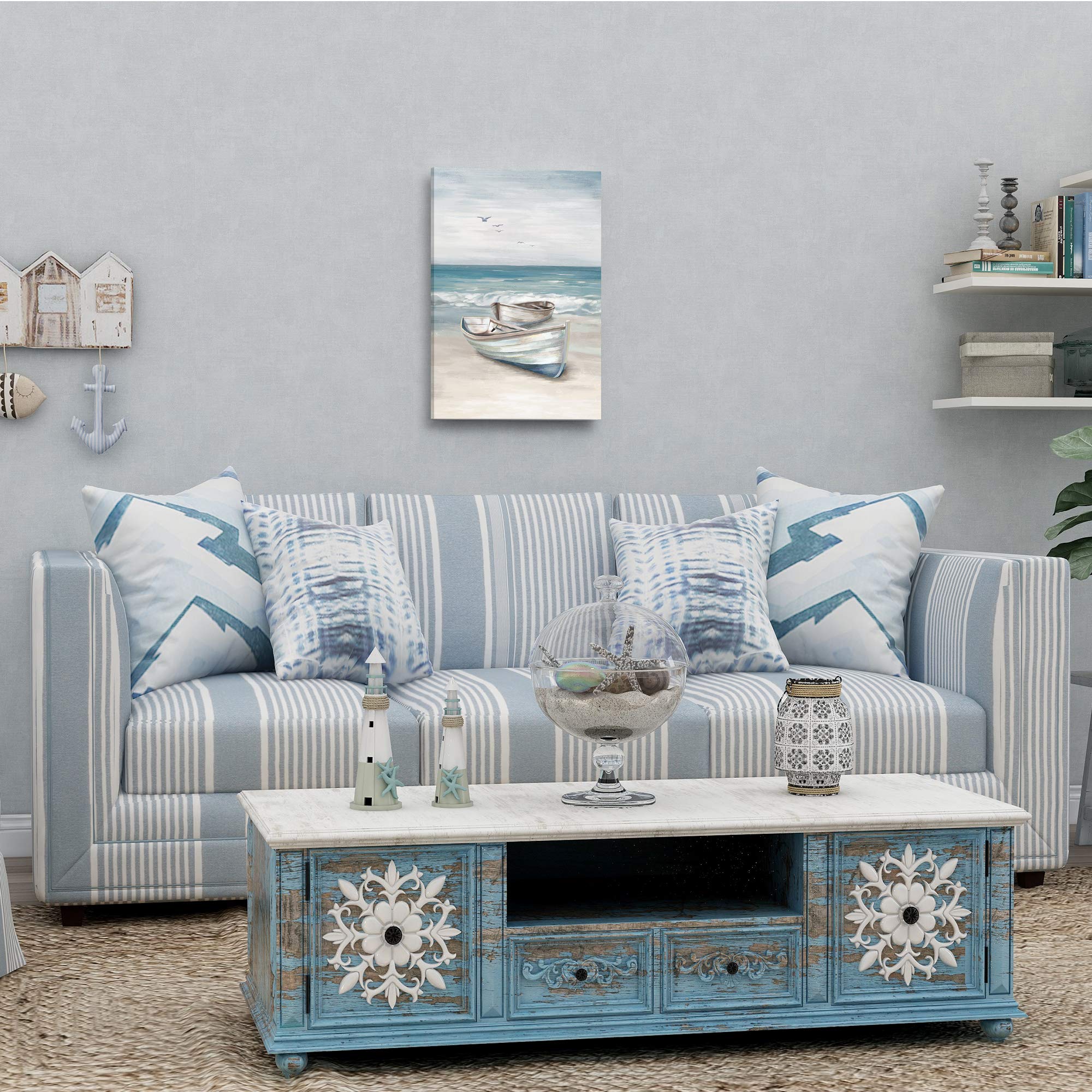 SUMGAR Ocean Wall Art – Blue Coastal Beach Canvas Painting, 16x24 Framed
