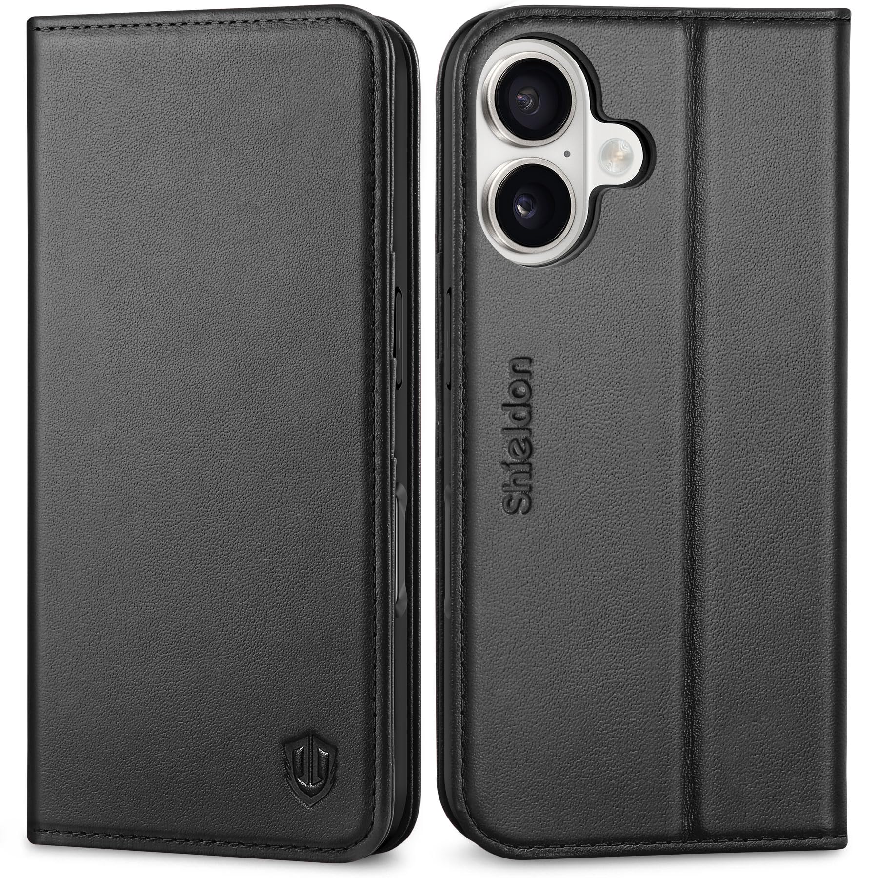 SHIELDON iPhone 17 Leather Wallet Case – RFID Blocking Folio Cover, Black