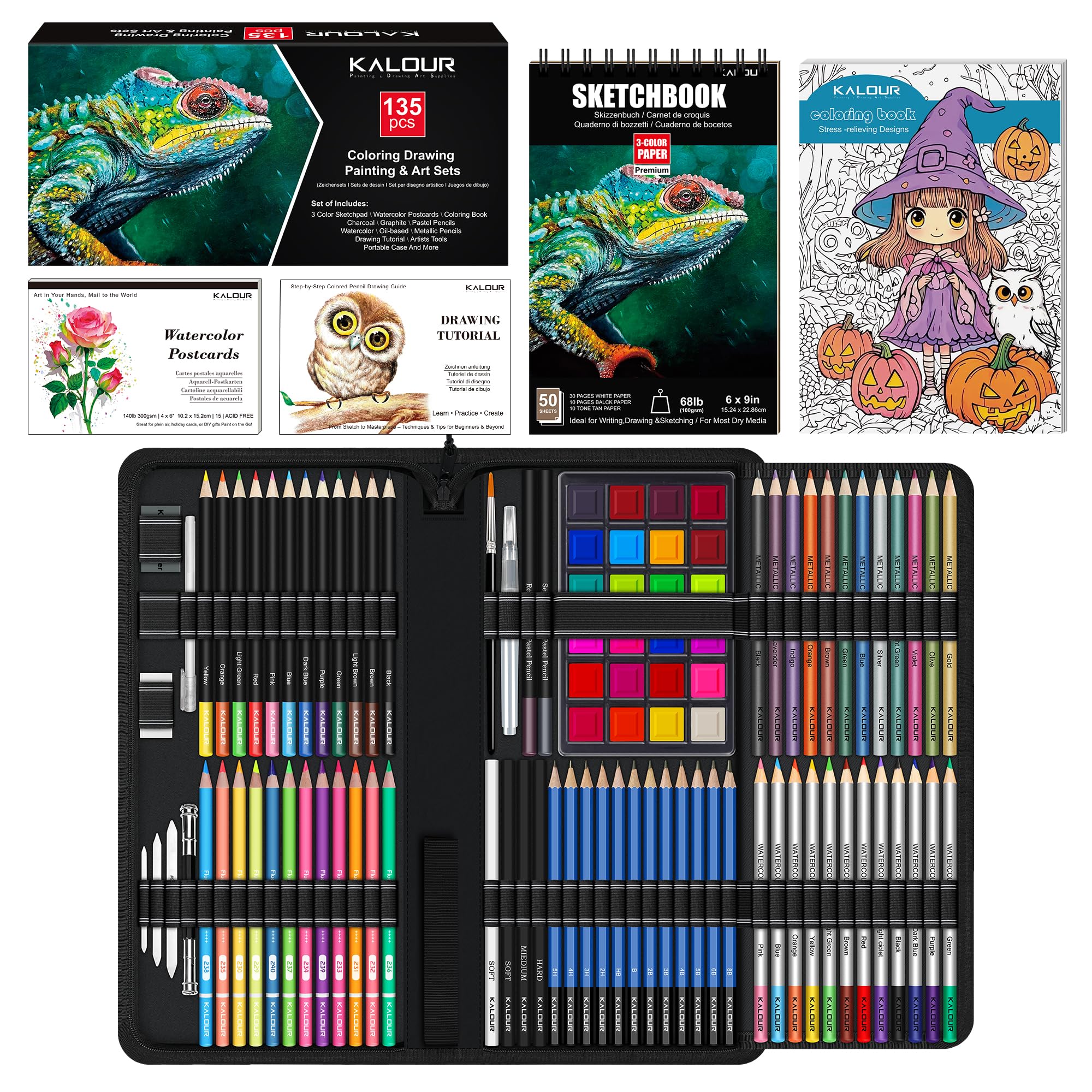 KALOUR 135-Piece Drawing Set | Professional Sketching Kit with Sketchbook