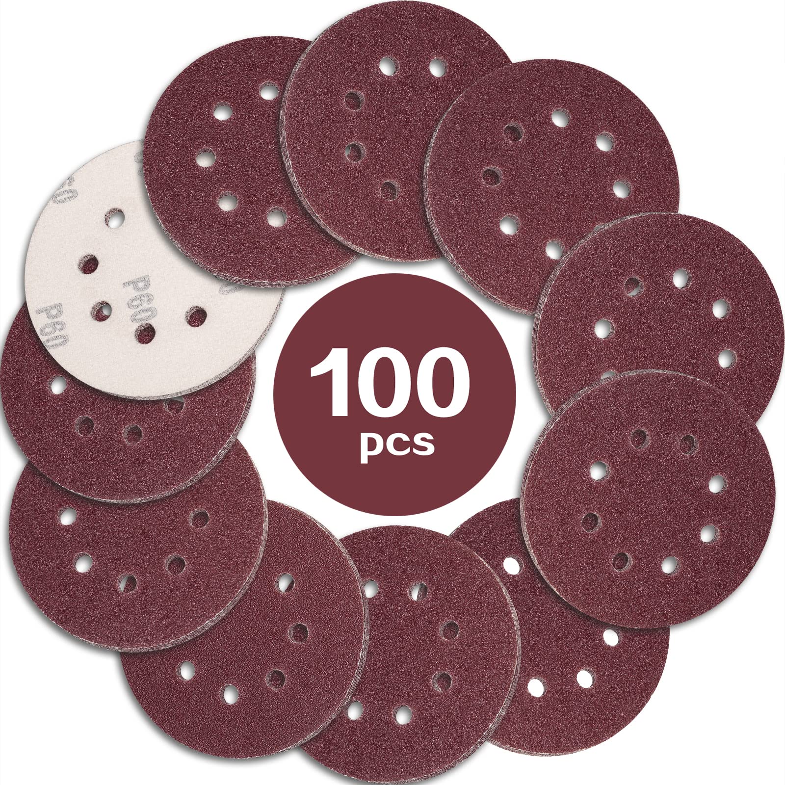 STEBRUAM 5 Inch 60 Grit Sanding Discs - 100PCS 8 Hole Orbital Pads