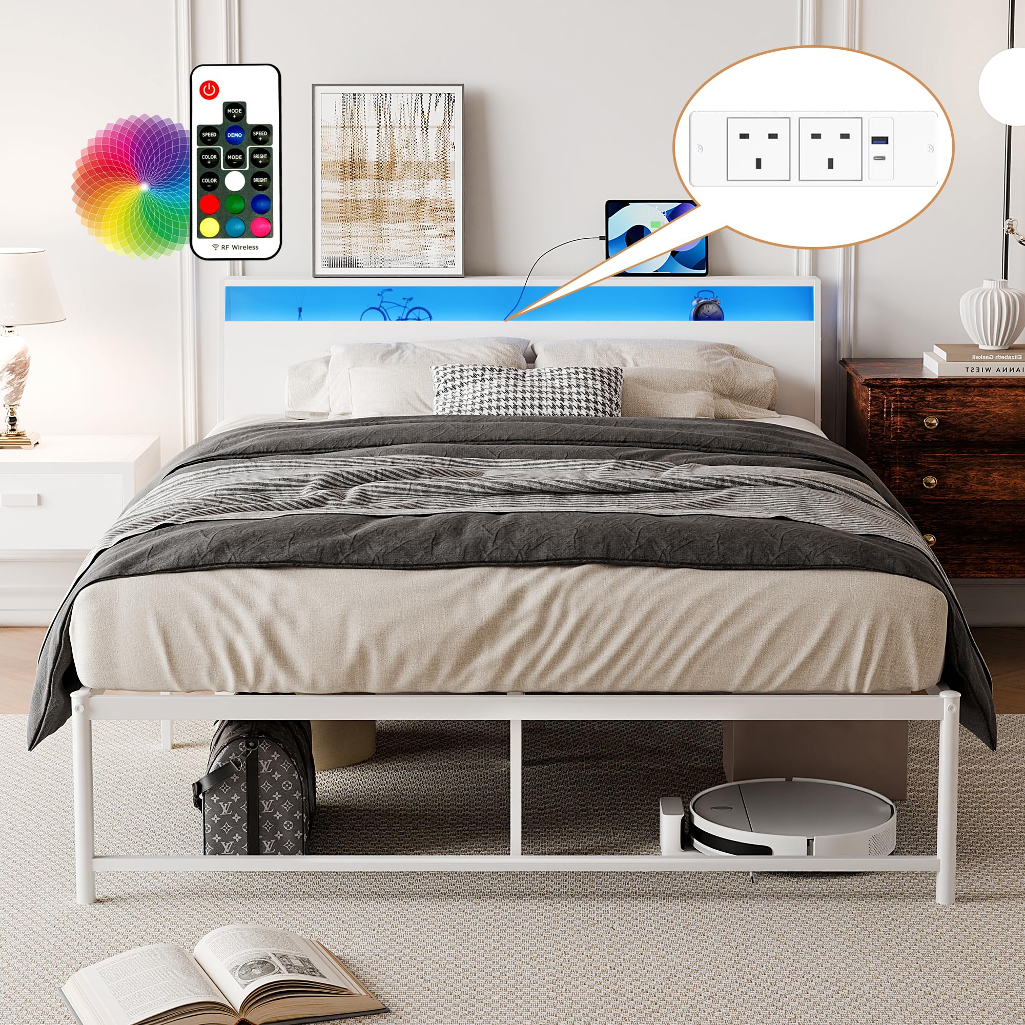 BEXEVUE 4ft6 Metal Bed Frame with LED Lights, Charging Station & Storage