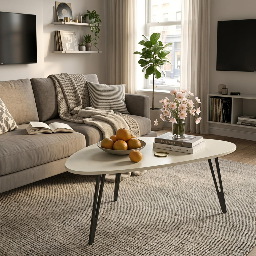Manora White Oval Coffee Table Scandinavian Metal Legs 100x55x43cm
