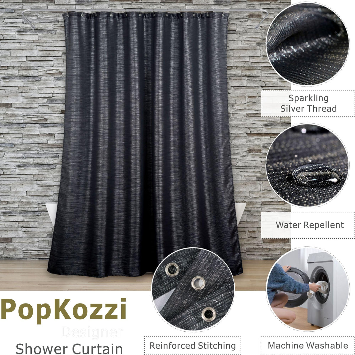Black Silver Glitter Shower Curtain: Waterproof Washable, 200Lx183W - image 2