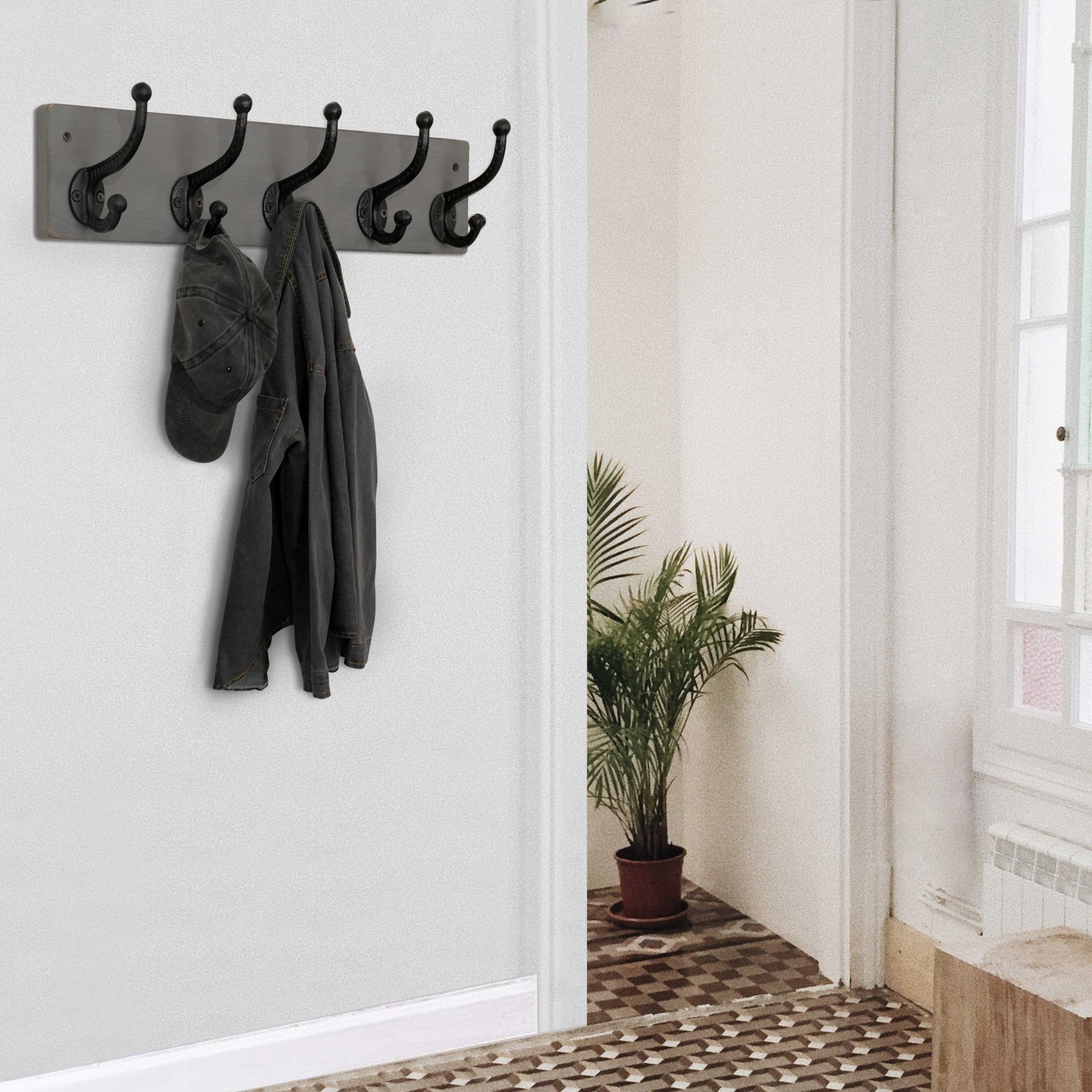 WEBI Rustic Wall Mounted Coat Rack – 5 Cast Iron Hooks, Solid Wood, 2 Pack