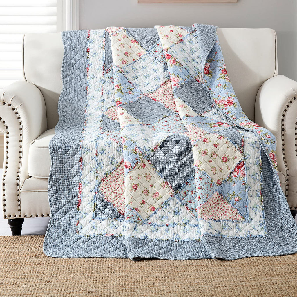 Qucover Single Patchwork Quilt – Blue Floral Cotton Bedspread 150x200cm