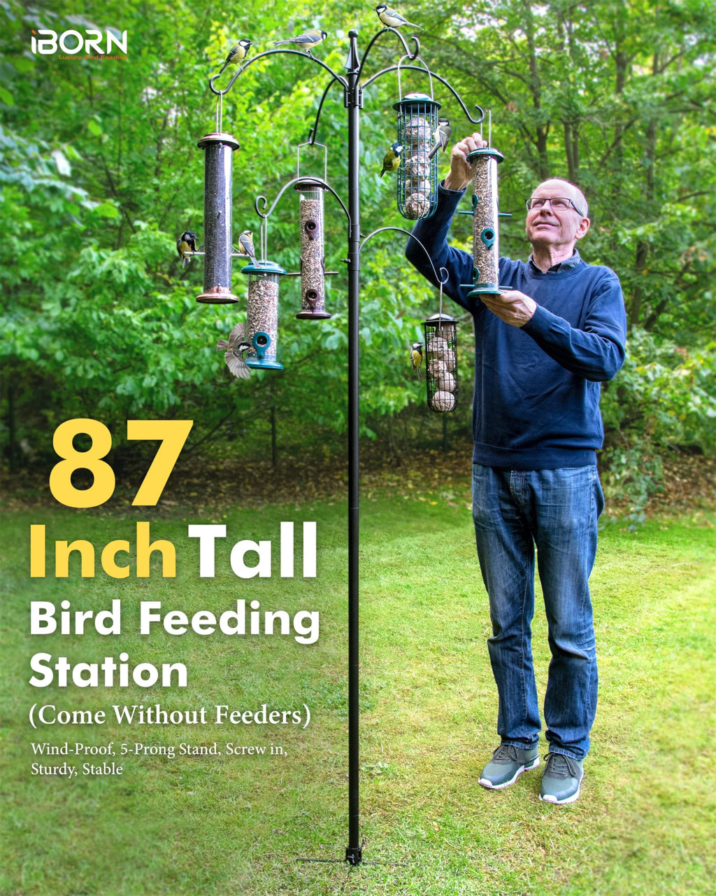 iBorn 87-Inch Bird Feeding Station – Heavy Duty 6-Hook Pole with 5-Prong Base
