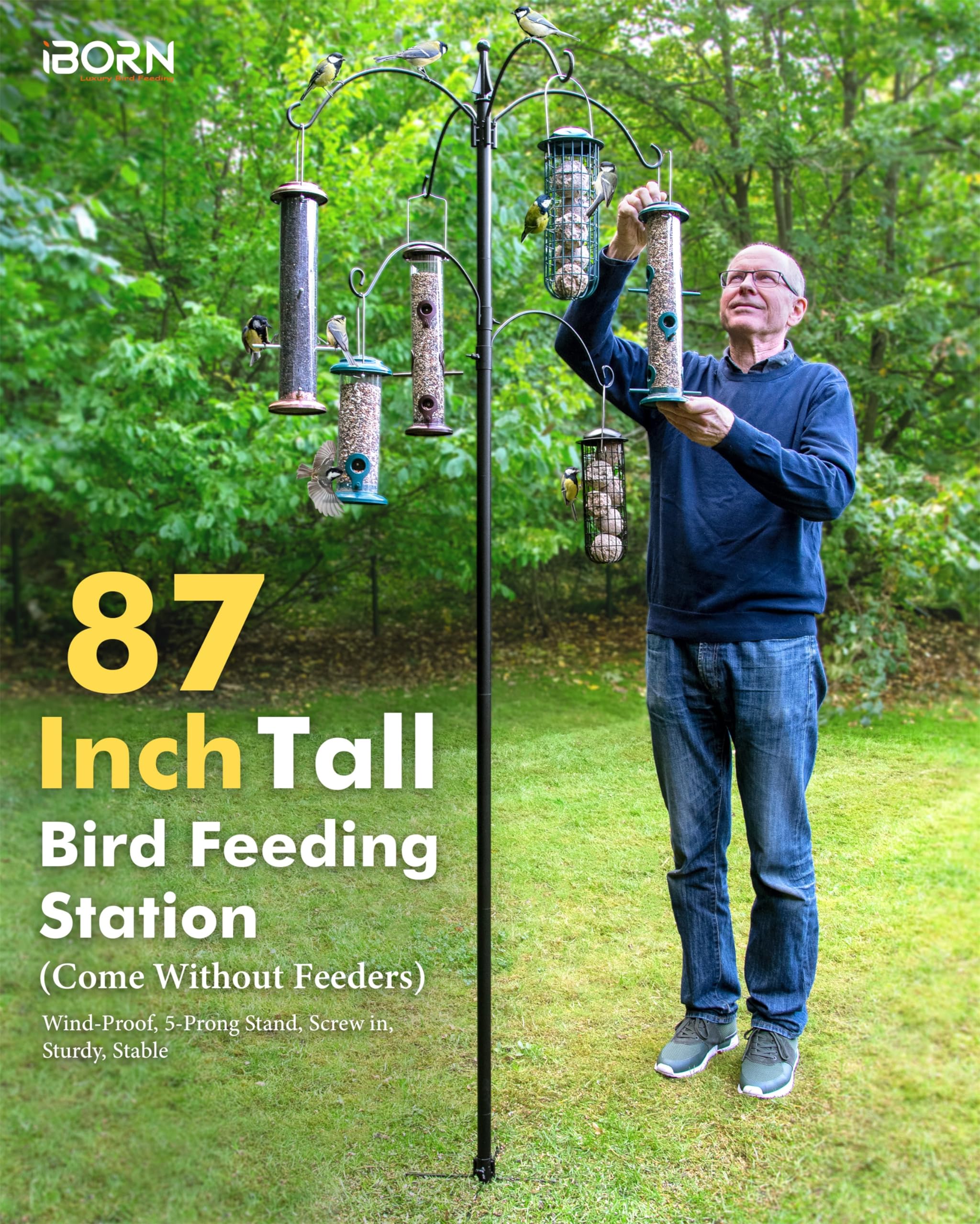 iBorn 87-Inch Bird Feeding Station – Heavy Duty 6-Hook Pole with 5-Prong Base
