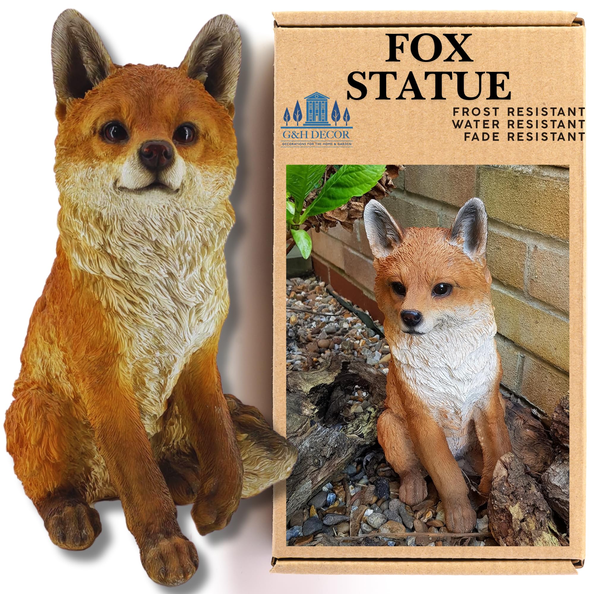 G&H Decor Realistic Fox Garden Statue – Weatherproof Polyresin Ornament