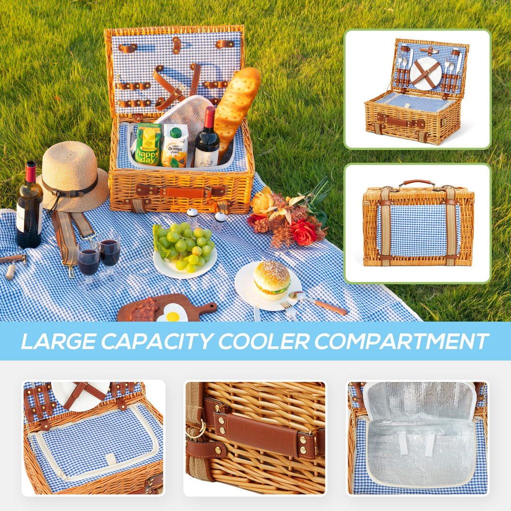 DHAEE Wicker Picnic Basket Set for 2 with Insulated Cooler and Blanket