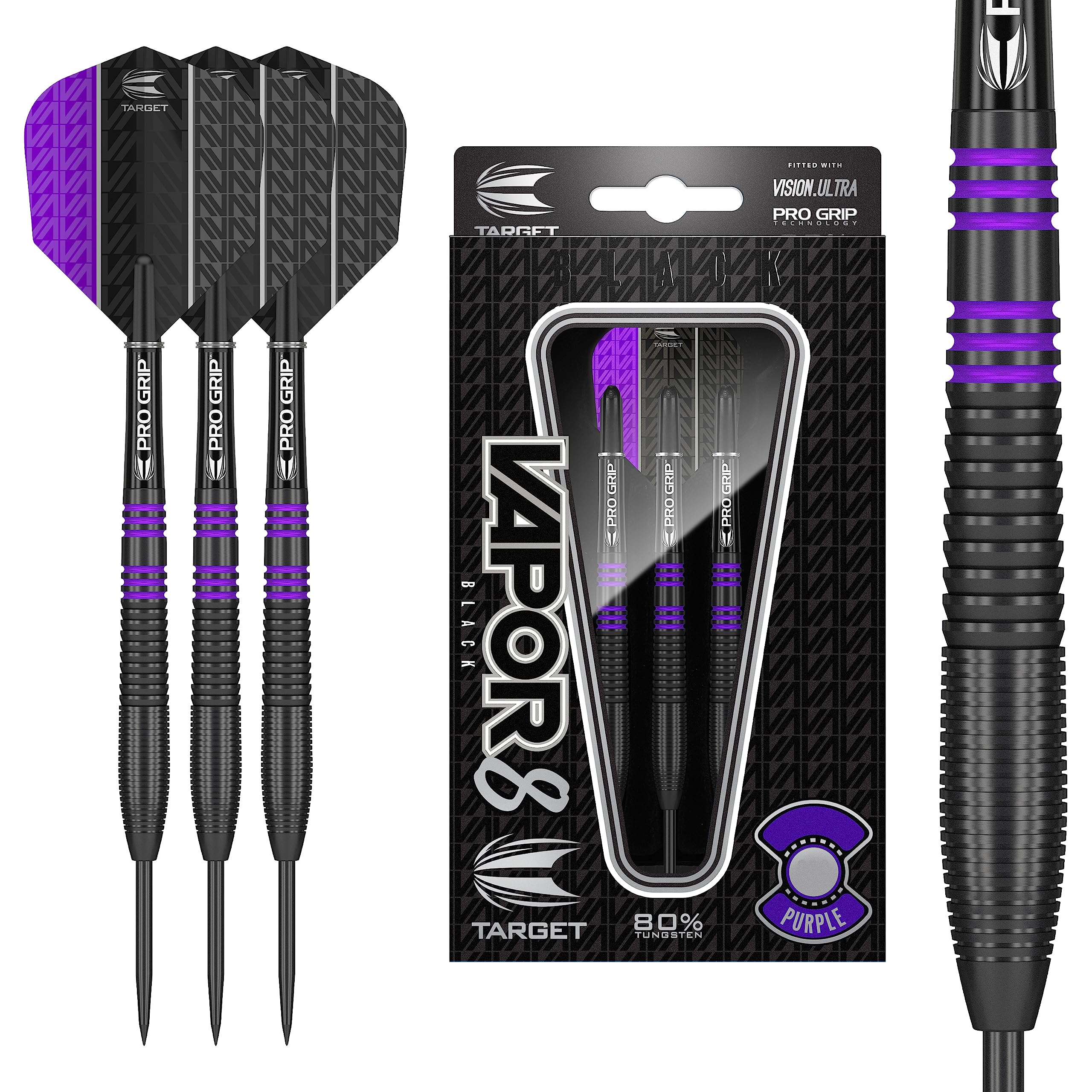 Target Darts Vapor 8 Black 80% Tungsten Steel Tip Darts Set - 23g Purple