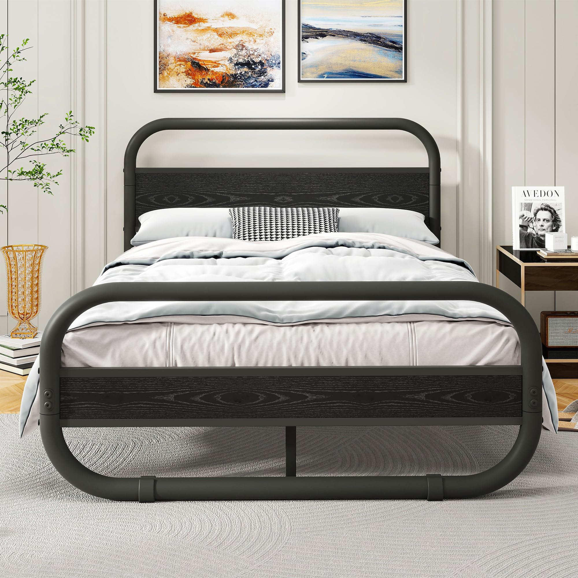 QUCENAK King Bed Frame | Metal Platform Bed with Storage and Headboard