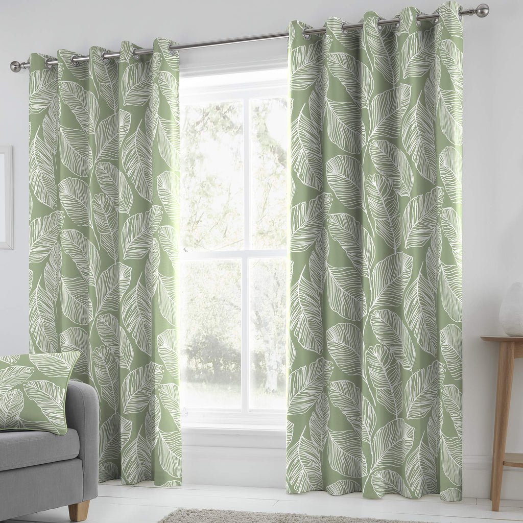 Fusion Matteo Green Leaf Cotton Eyelet Curtains – 66" x 90" (Pair)