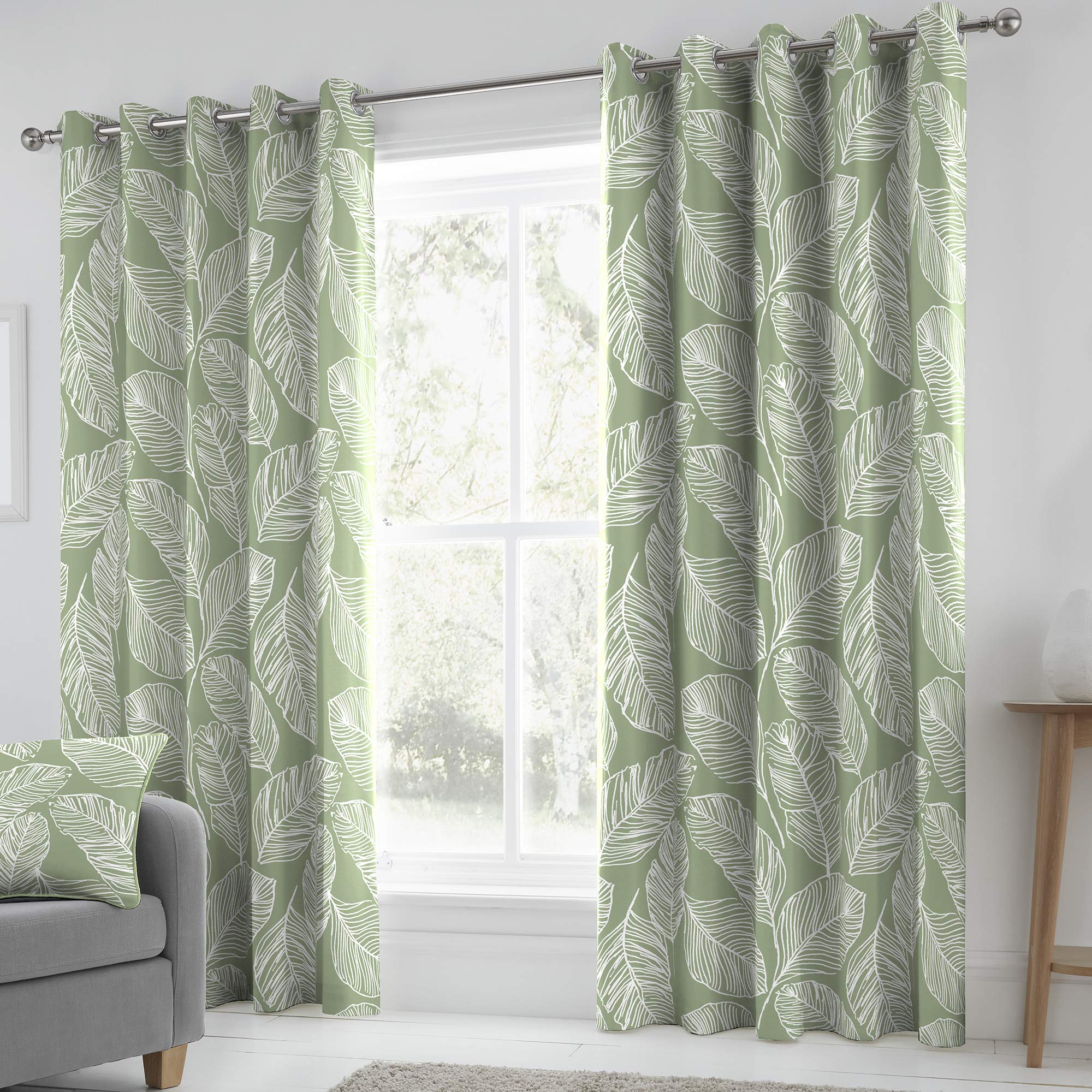 Fusion Matteo Green Leaf Cotton Eyelet Curtains – 66" x 90" (Pair)