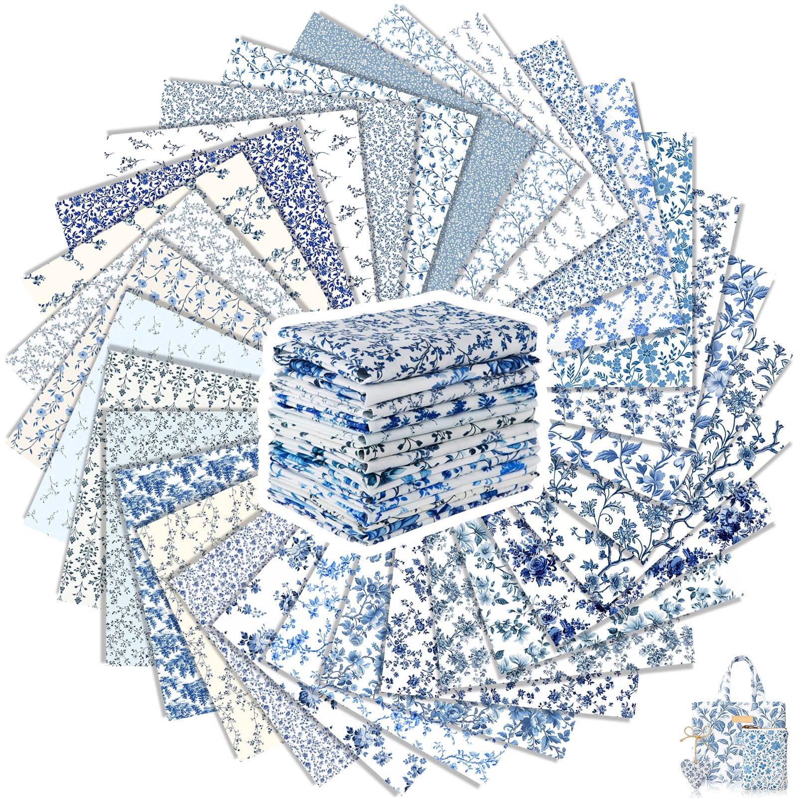 30 Pcs Blue and White Floral Cotton Quilting Fabric Squares