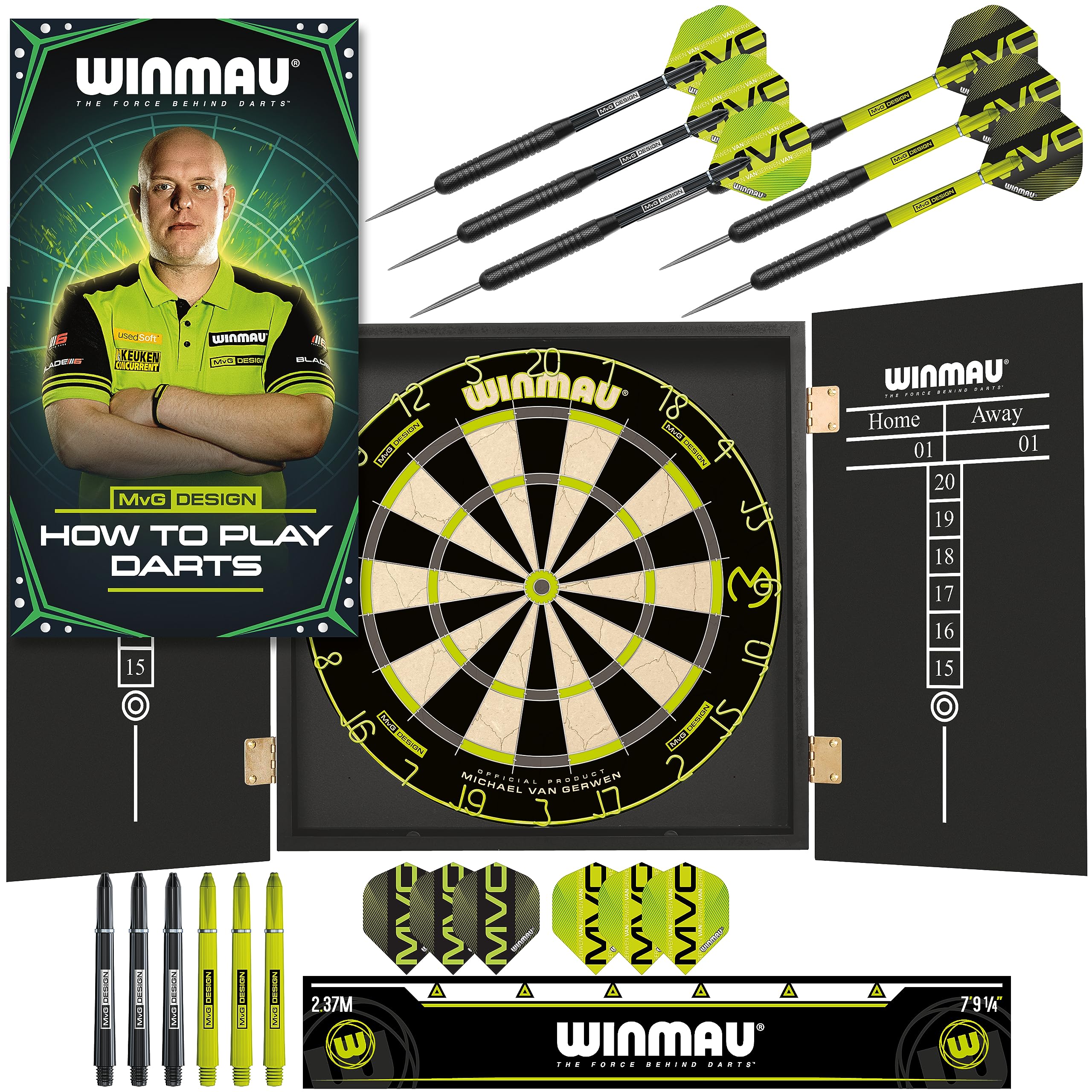 WINMAU Michael van Gerwen MvG Dartboard Cabinet Set | 2 Sets of Darts