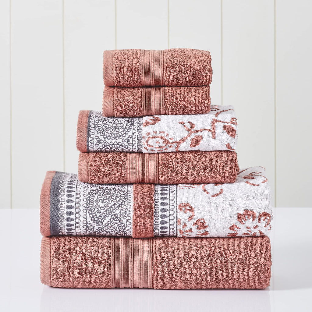 Modern Threads 6-Piece Cotton Towel Set | Jacquard & Solid – Clay