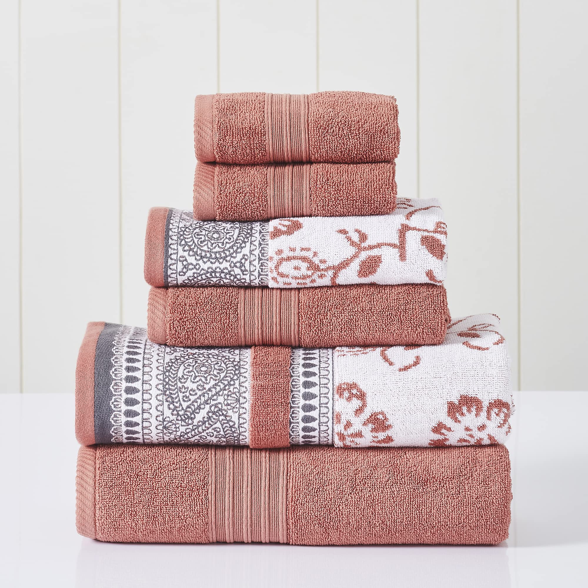 Modern Threads 6-Piece Cotton Towel Set | Jacquard & Solid – Clay