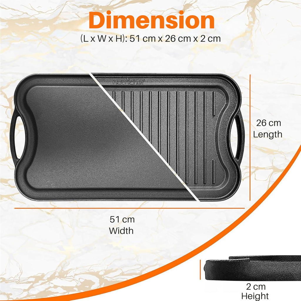 Nutrichef Reversible Cast Iron Griddle Pan – Non-Stick Flat & Ridged Grill