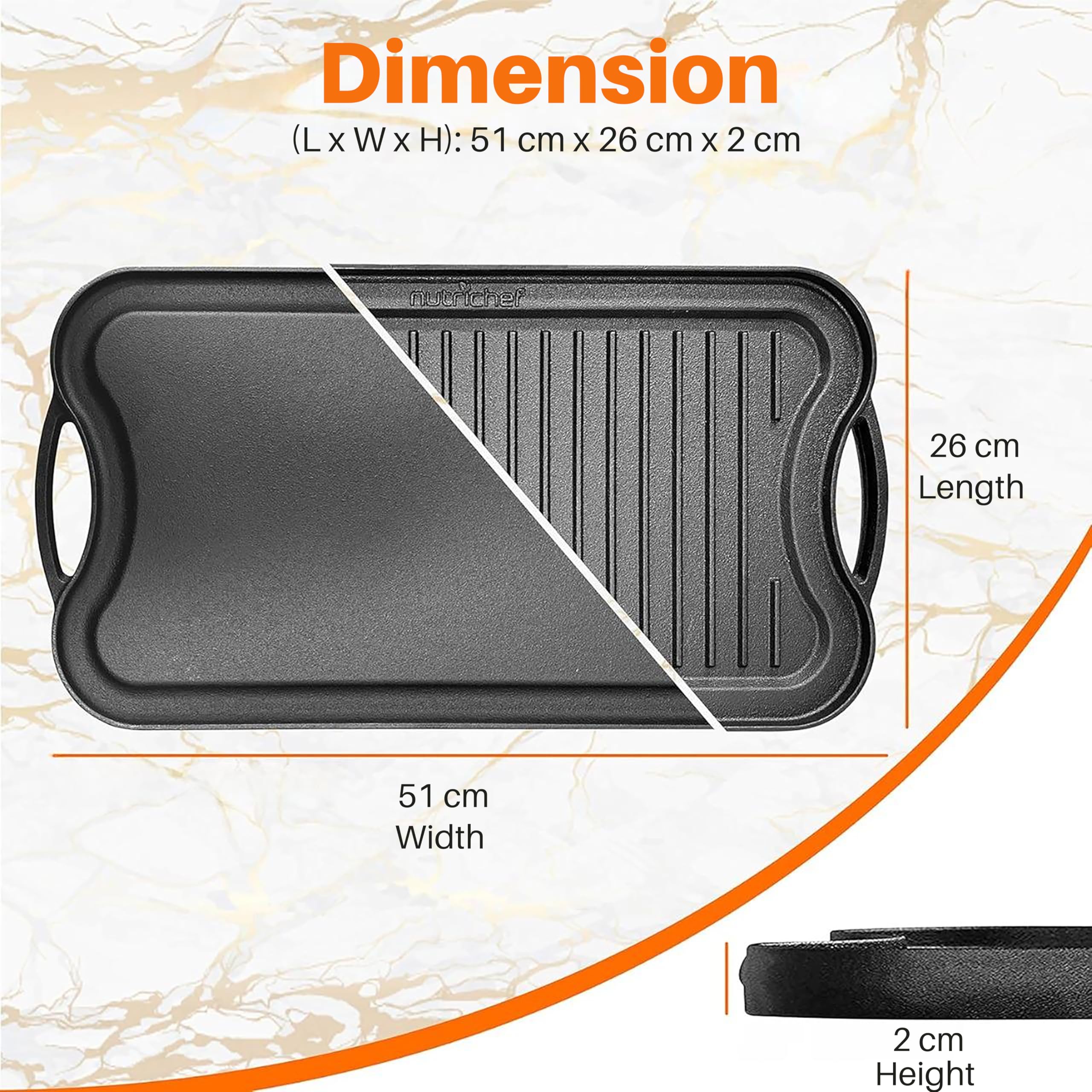Nutrichef Reversible Cast Iron Griddle Pan – Non-Stick Flat & Ridged Grill