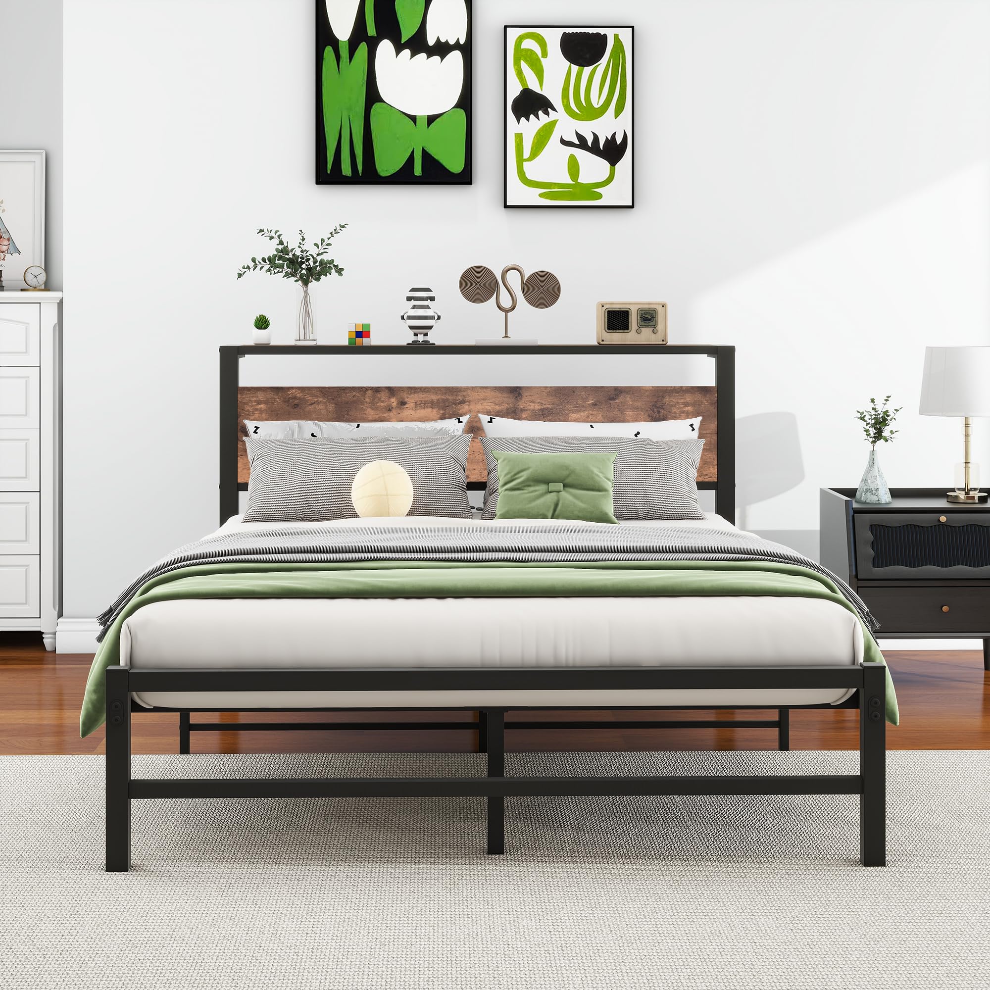 VERFARM Double Metal Platform Bed Frame with Storage Shelf Headboard
