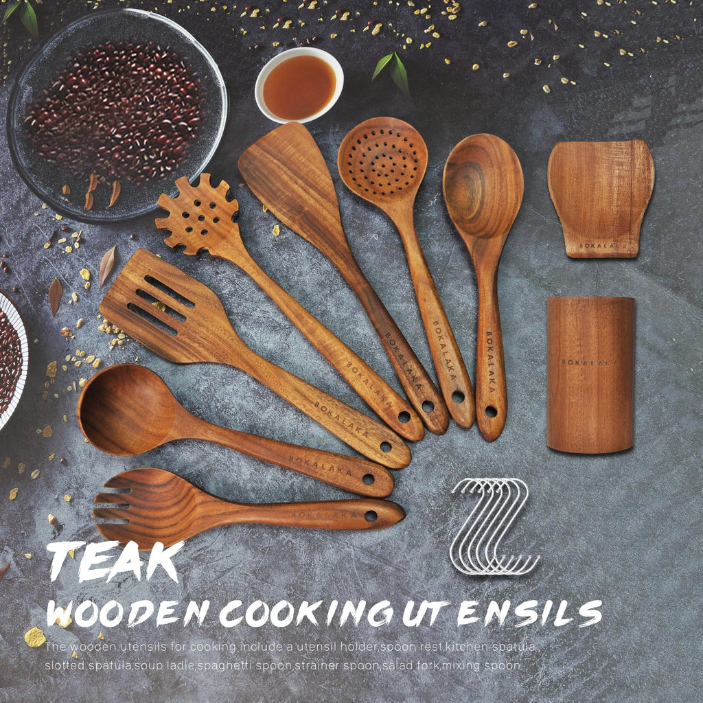 Teak Wooden Cooking Utensils Set – 9Pcs Nonstick Spoons