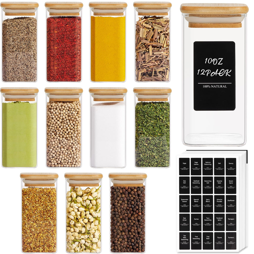 ComSaf 10oz Glass Spice Jars with Bamboo Lids - 12 Pack Square Containers