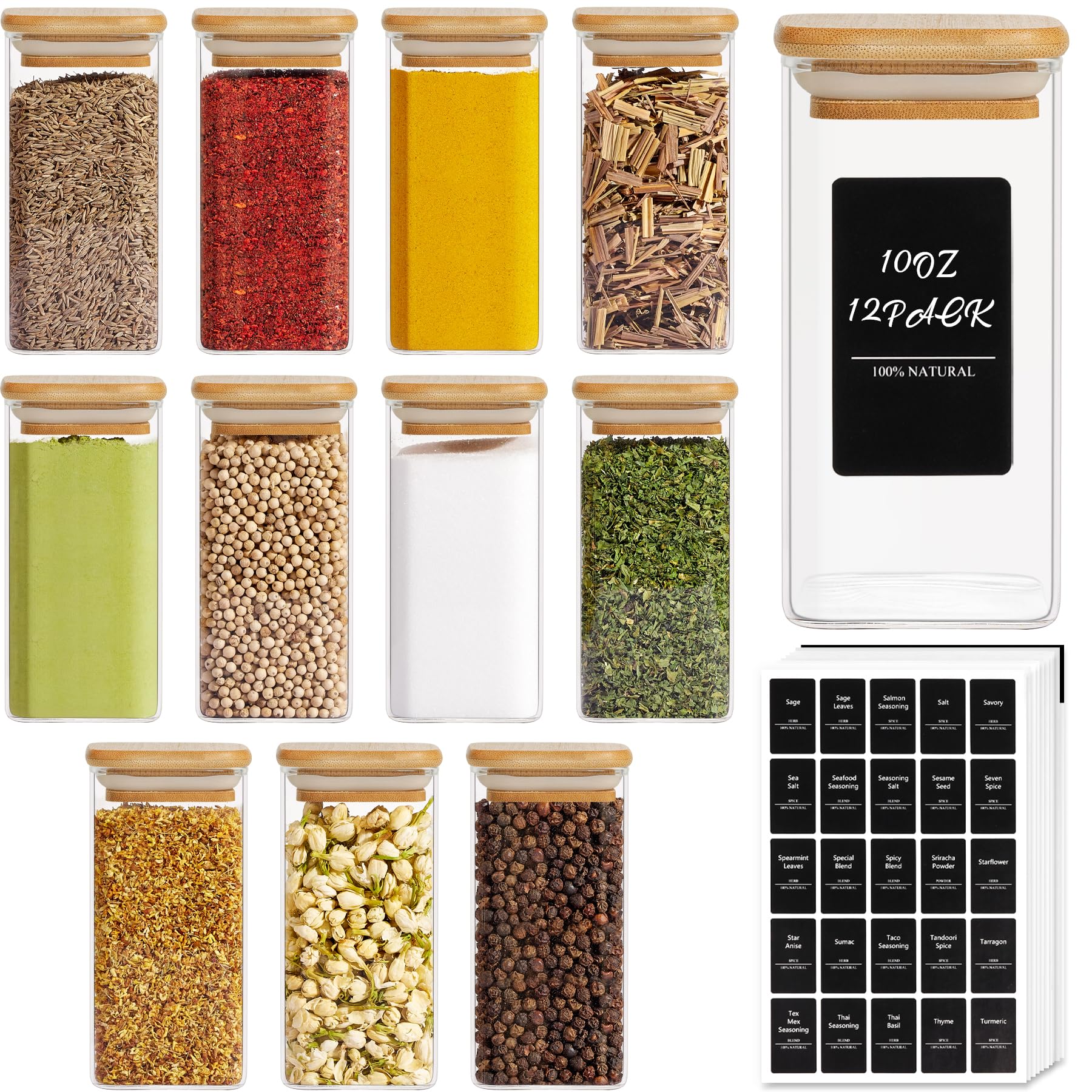ComSaf 10oz Glass Spice Jars with Bamboo Lids - 12 Pack Square Containers