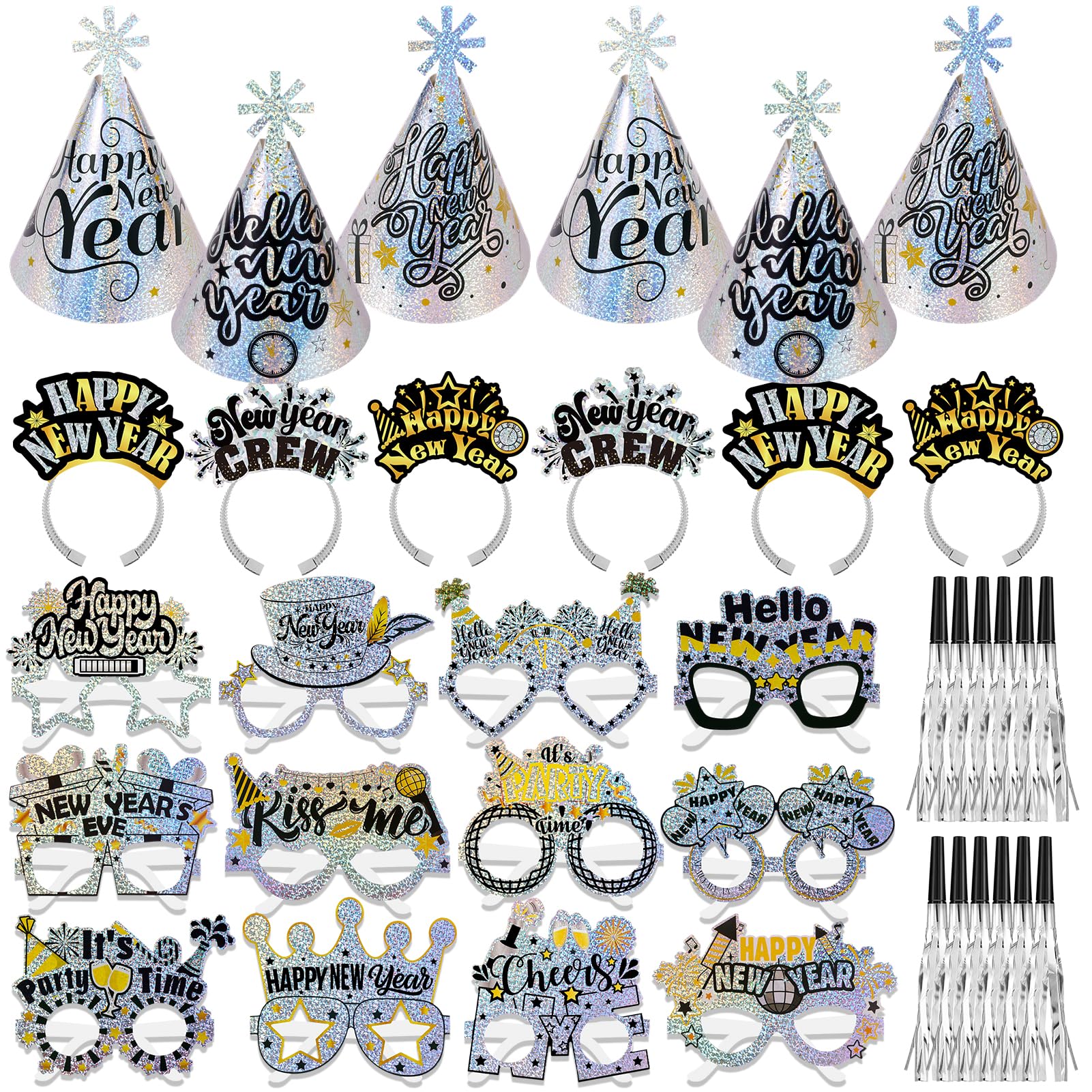 HOWAF 2026 New Years Eve Party Supplies – 36pc Glitter Silver NYE Decor
