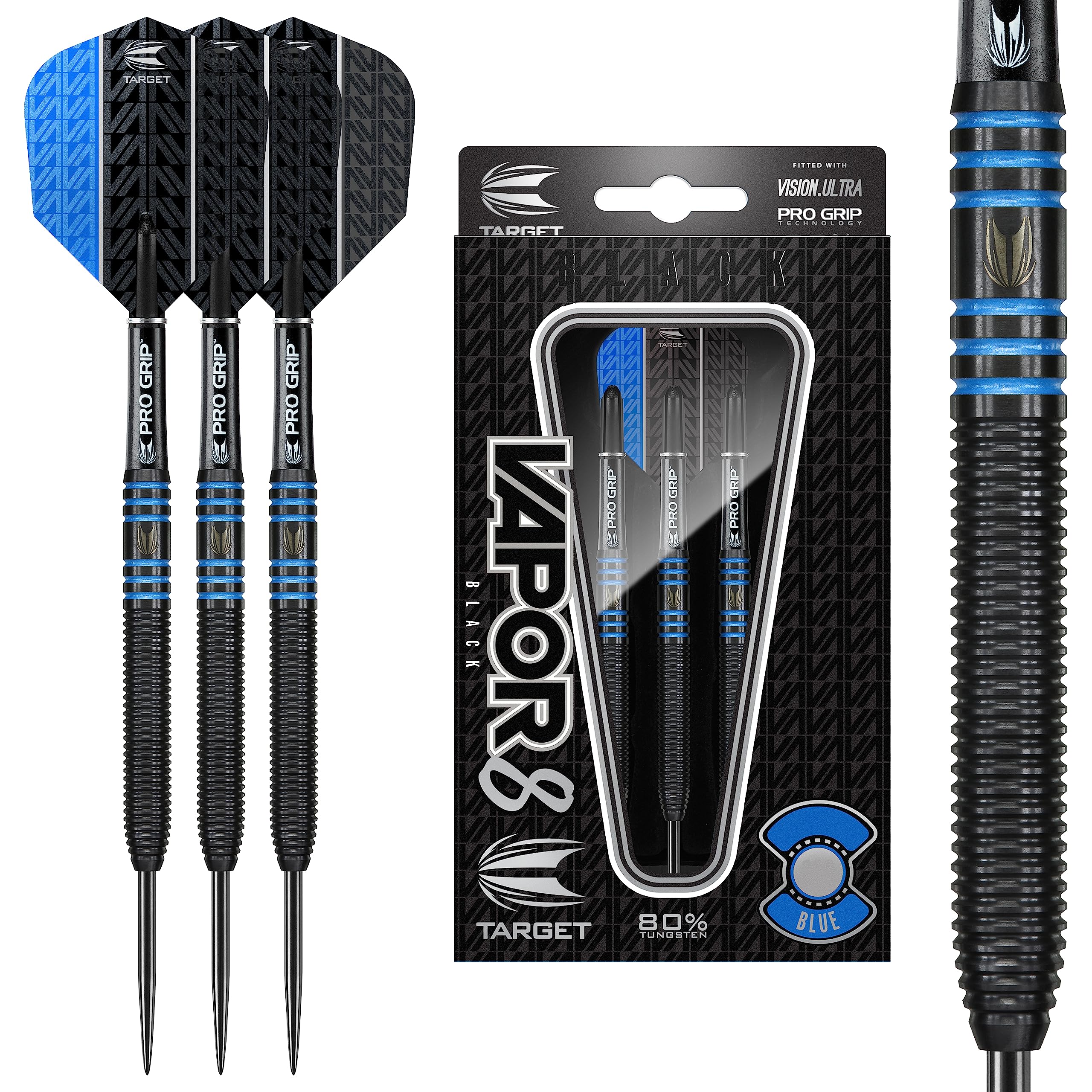 Target Darts Vapor 8 Black 80% Tungsten Steel Tip Darts Set – 22g Blue