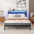 HOJINLINERO Metal Storage Bed 140x200cm with LED Lighting and USB Charging