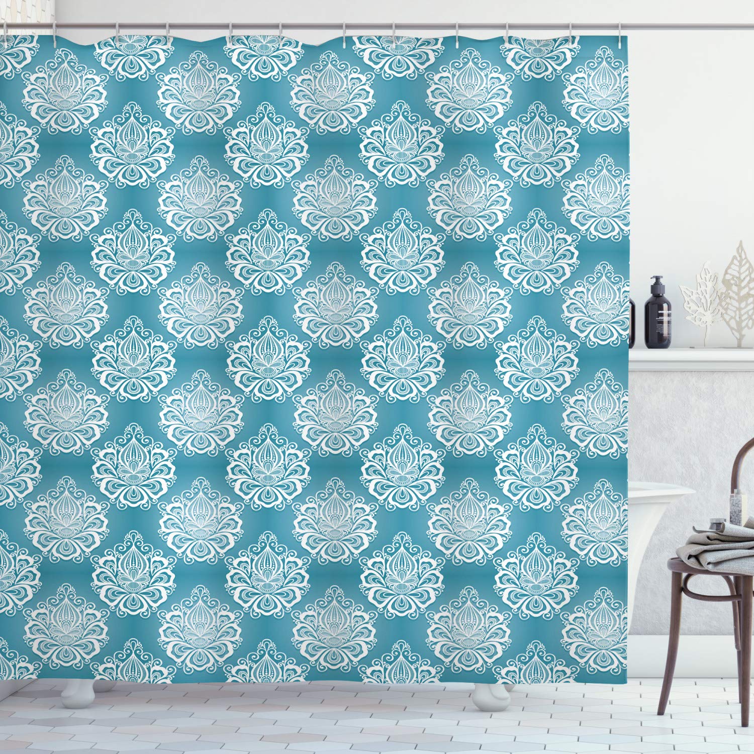 ABAKUHAUS Blue and White Damask Shower Curtain - Waterproof Fabric Decor