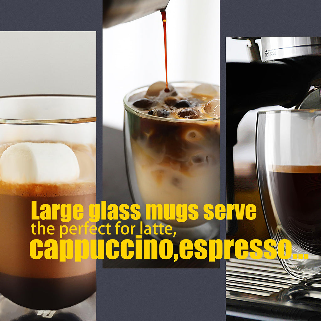 PunPun Double Wall Glass Coffee Mugs – Set of 4 Insulated Clear Cups