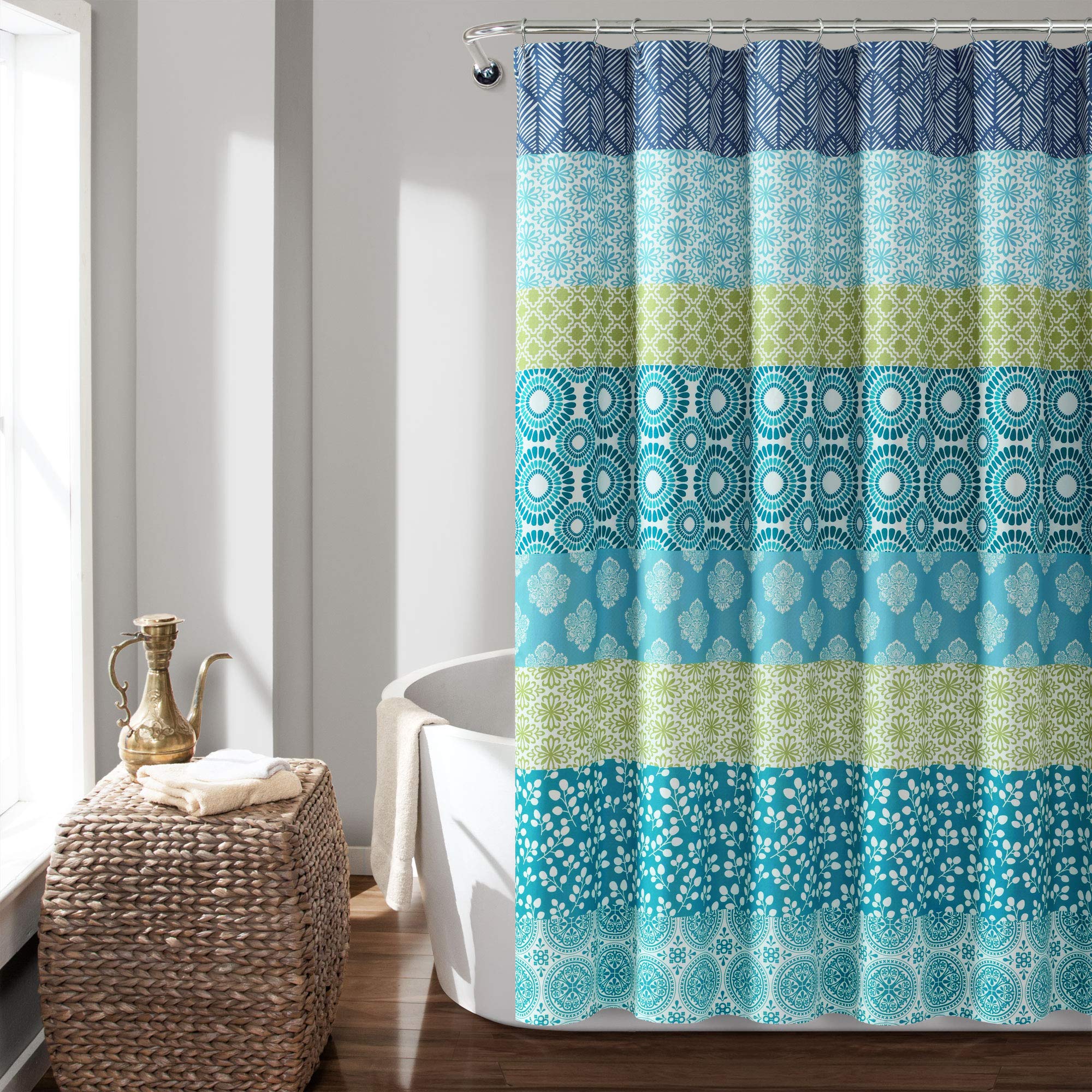 Lush Decor Bohemian Stripe Shower Curtain | Blue & Green Boho Fabric, 72x72