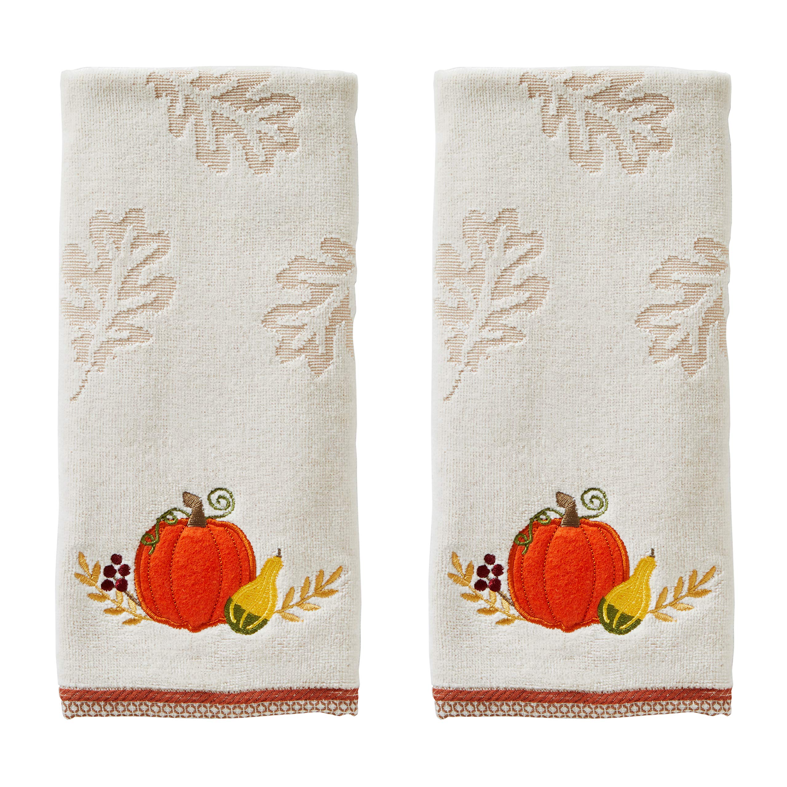 SKL Home Pumpkin Embroidered Cotton Hand Towel Set, Tan - 2 Pack