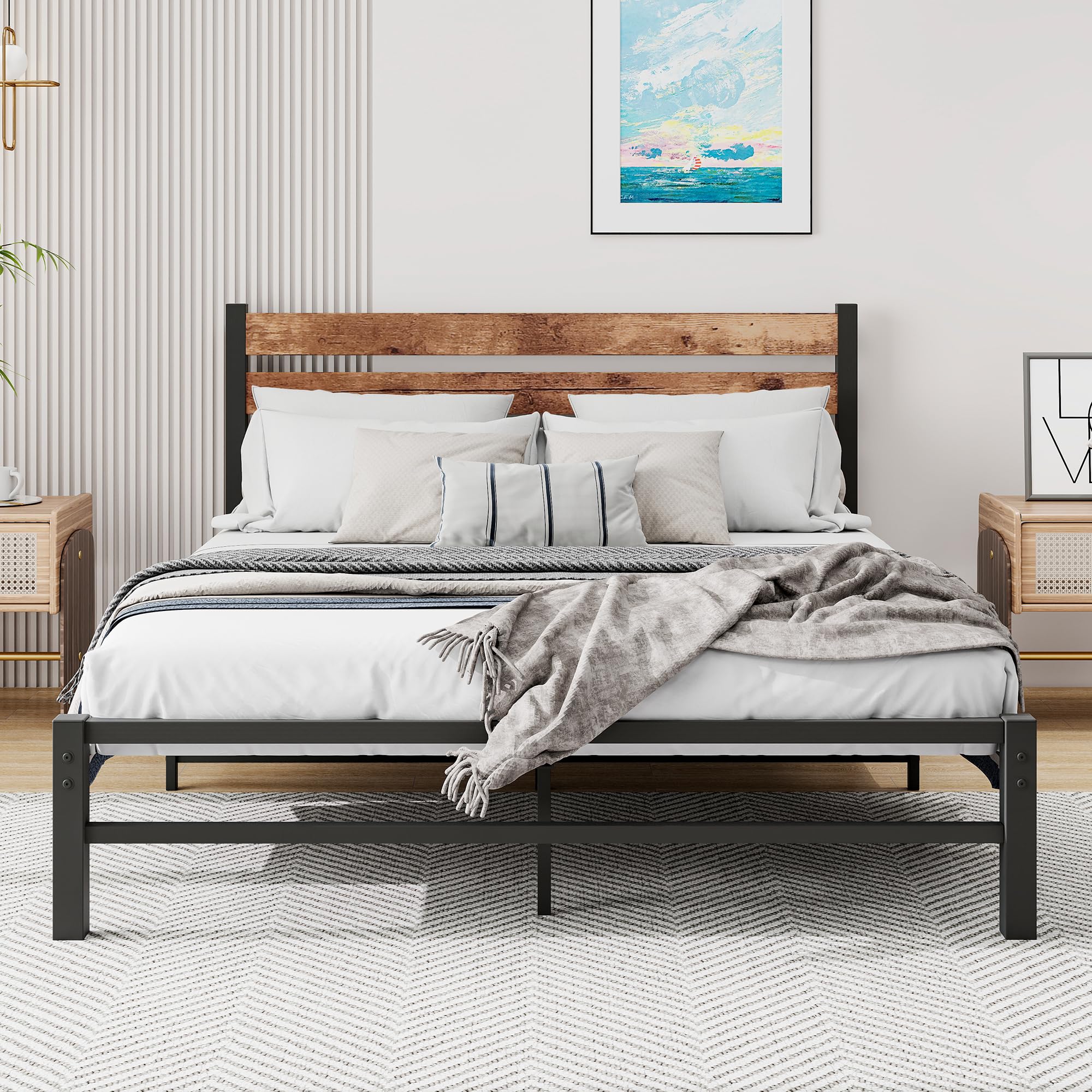 King Bed Frame – Rustic Wood & Metal Platform Bed Frame