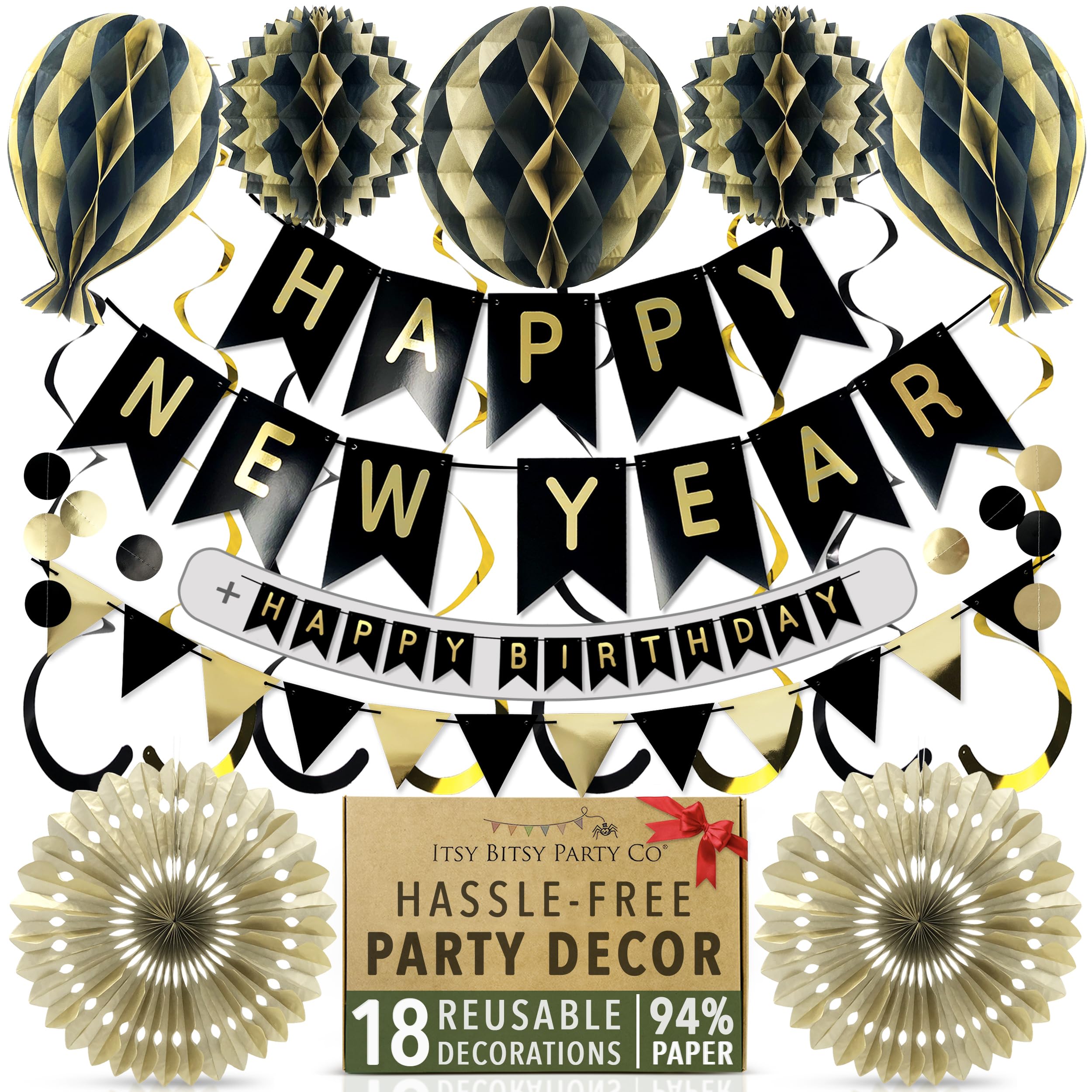 Reusable New Years Eve Decorations 2026 – Black and Gold Banner