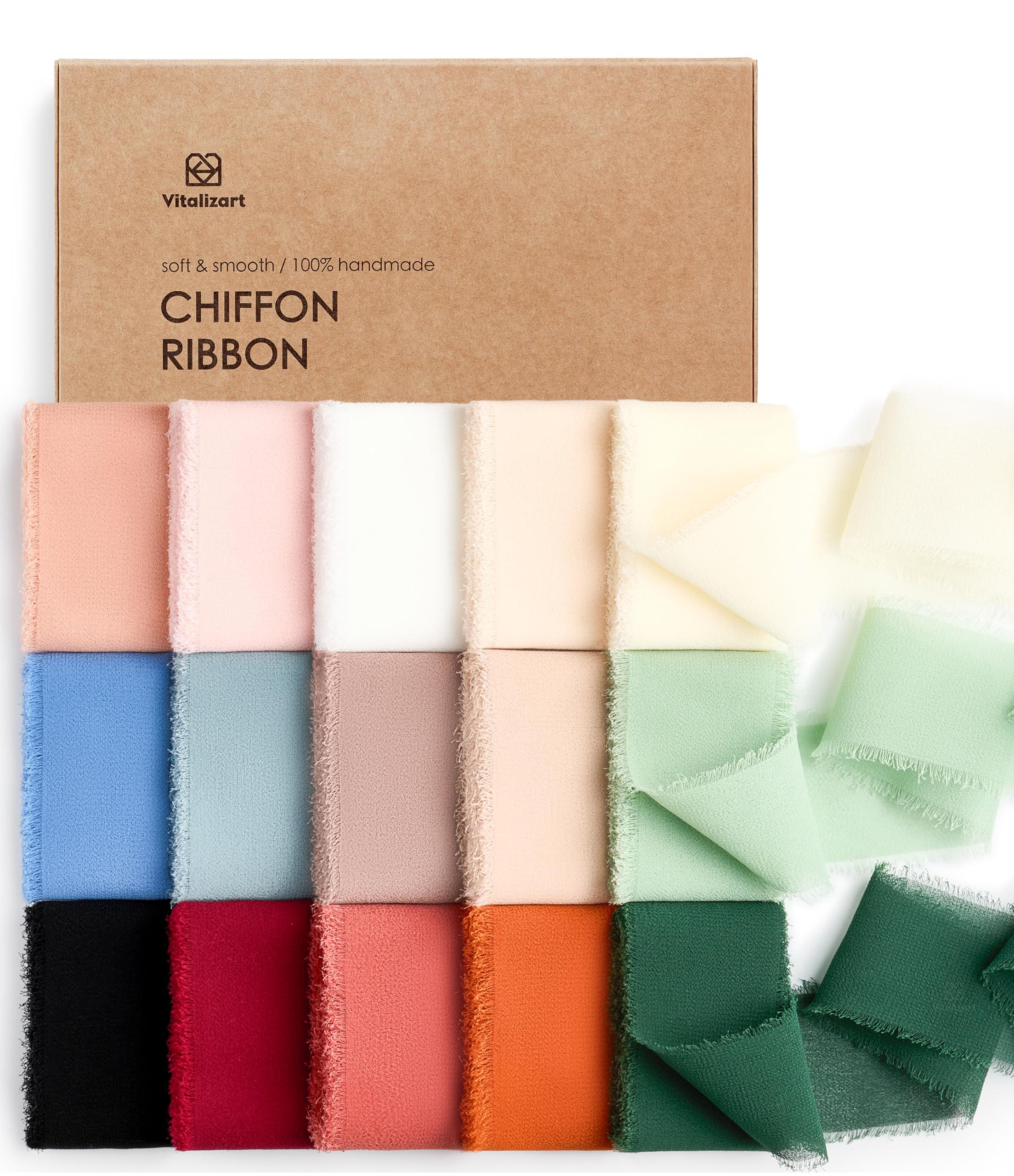 Vitalizart 15-Roll Chiffon Ribbon Set – 1.5" Handmade Fringe Silk Ribbons