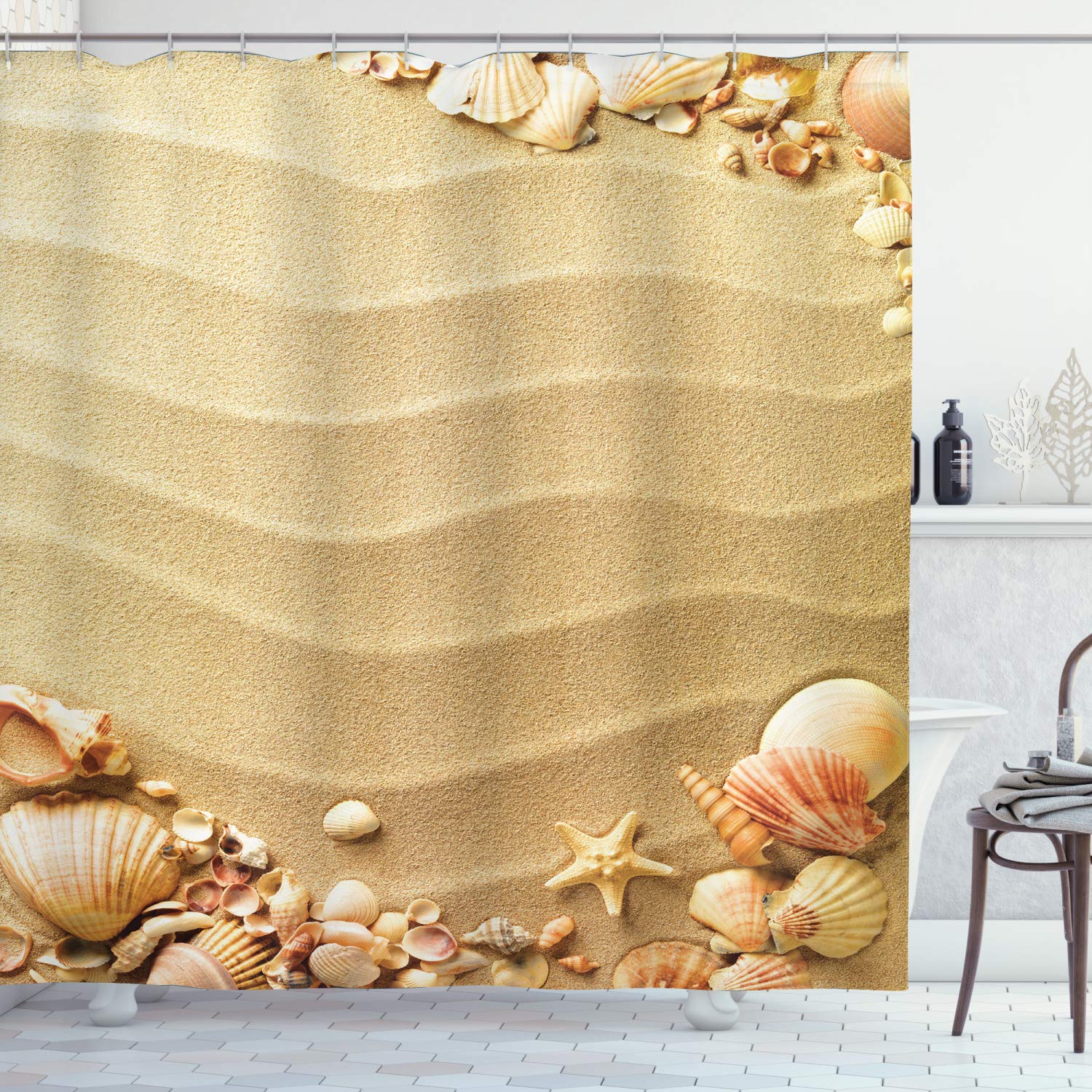 ABAKUHAUS Beach Shower Curtain | Nautical Seashell Fabric Decor, 94" Long