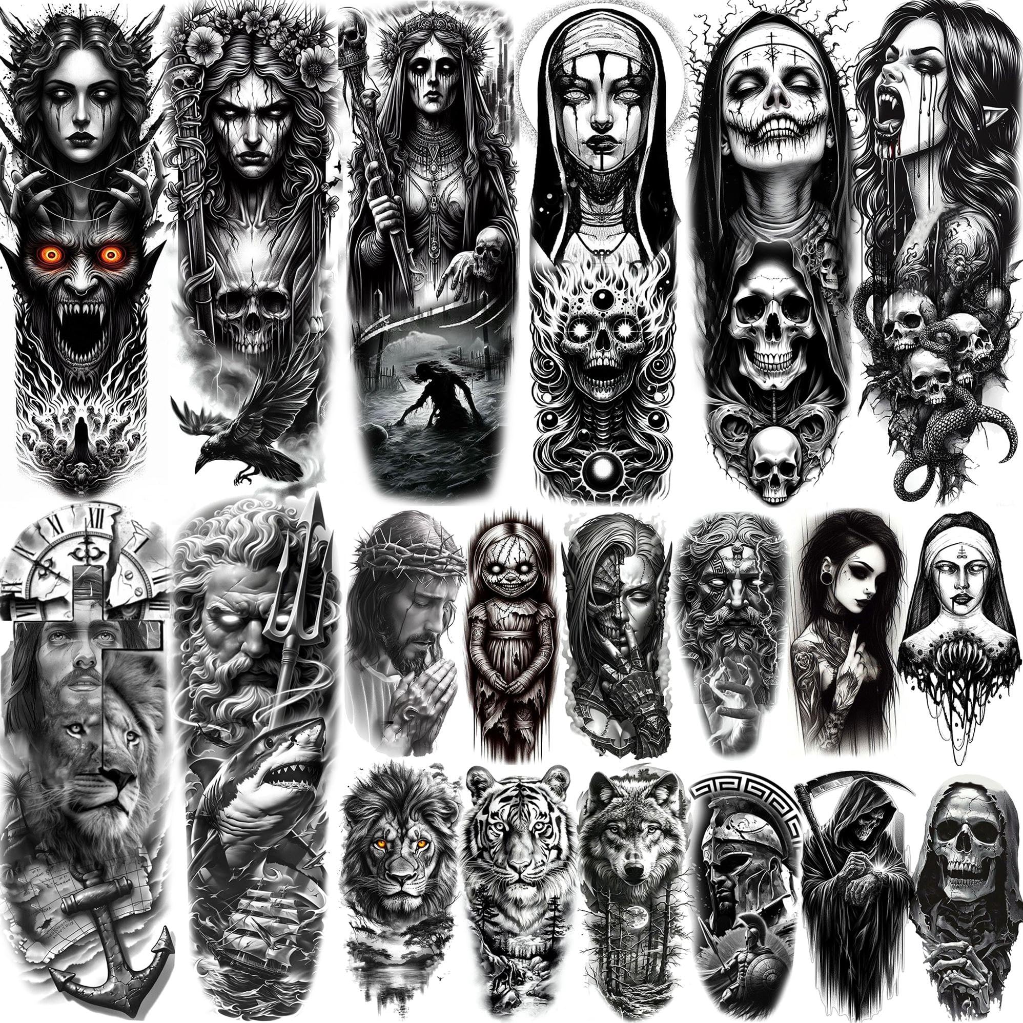 COKTAK 20 Sheets Full Arm Temporary Tattoo Sleeves - Gothic Skull & Zeus