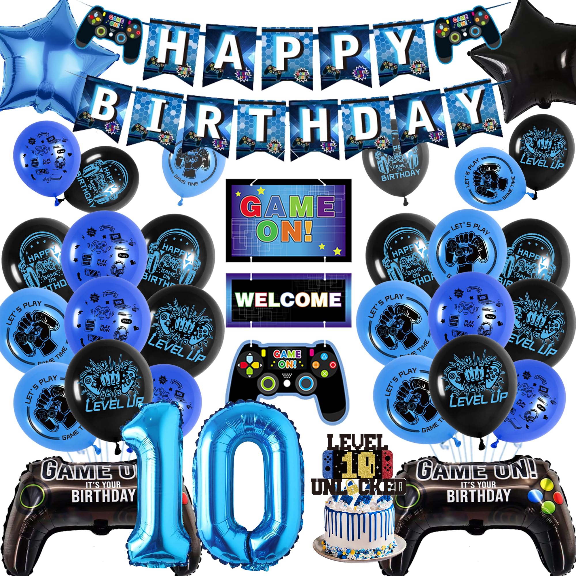 10th Birthday Gaming Party Decor Set – Blue Video Game Balloons