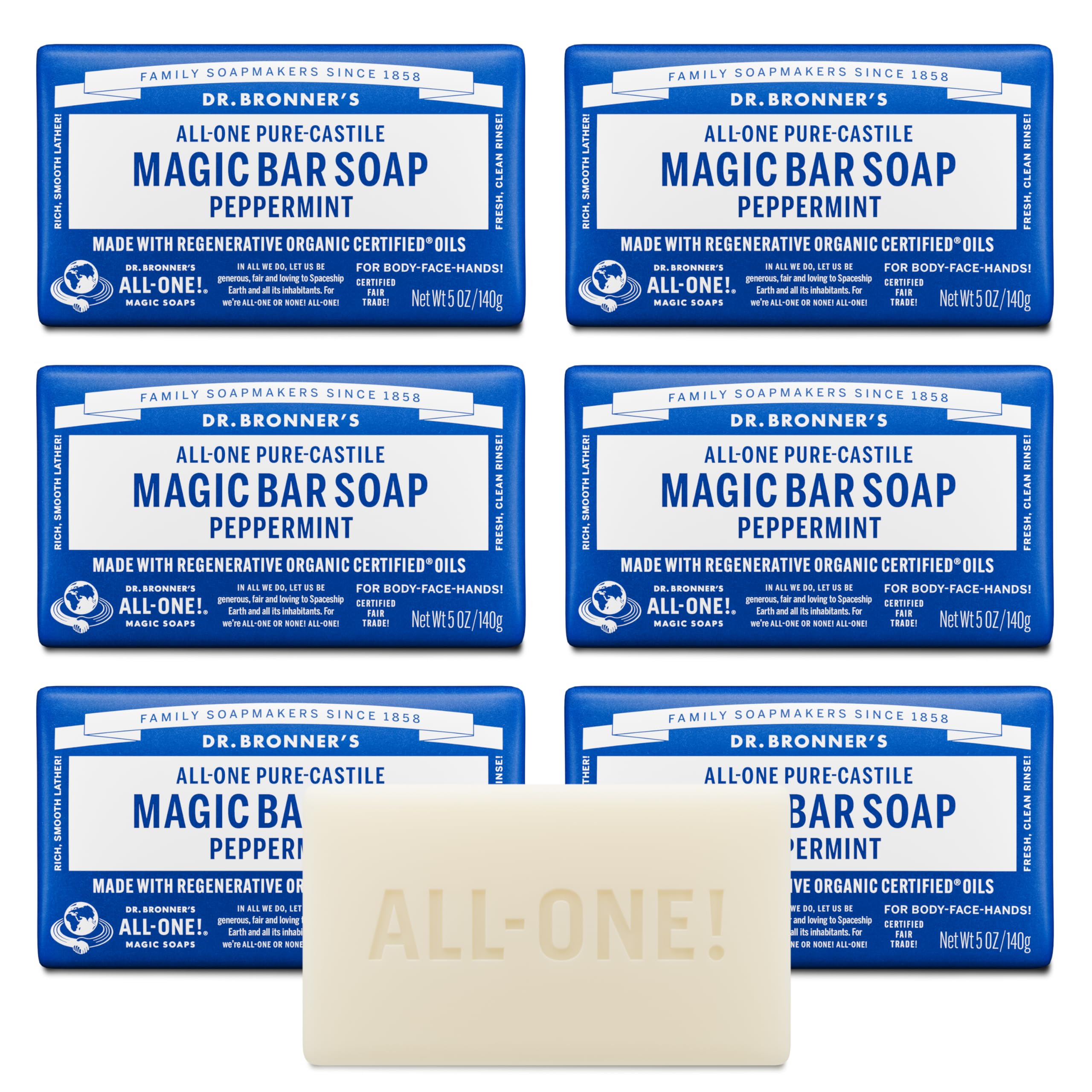 Dr. Bronner's Peppermint Pure-Castile Bar Soap - Organic 5 oz (6 Pack)
