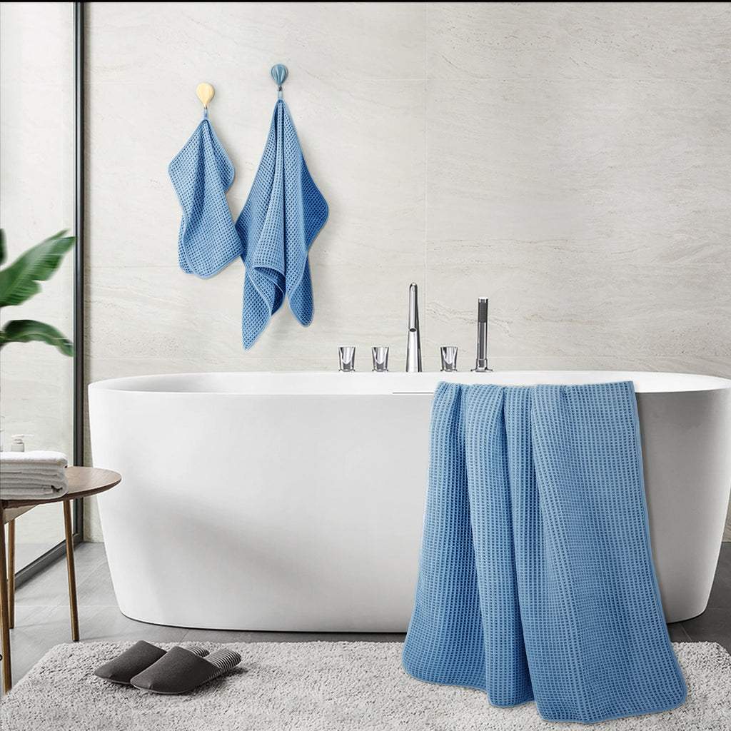 Polyte Microfiber Bath Towel Set - 6 Piece Quick Dry Waffle Weave, Blue