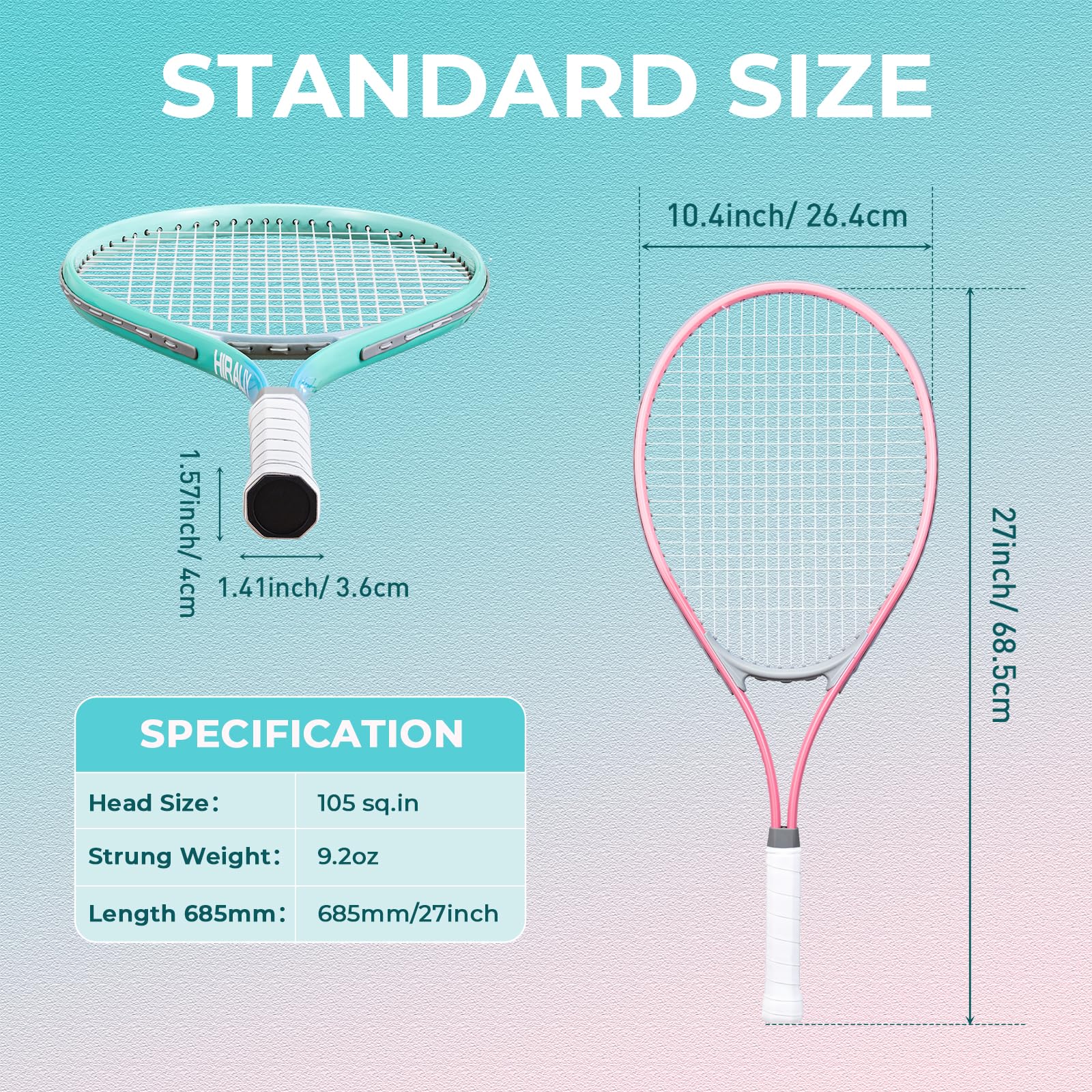 HIRALIY 27" Tennis Rackets Set of 2 | Lightweight Beginner Racquet Kit