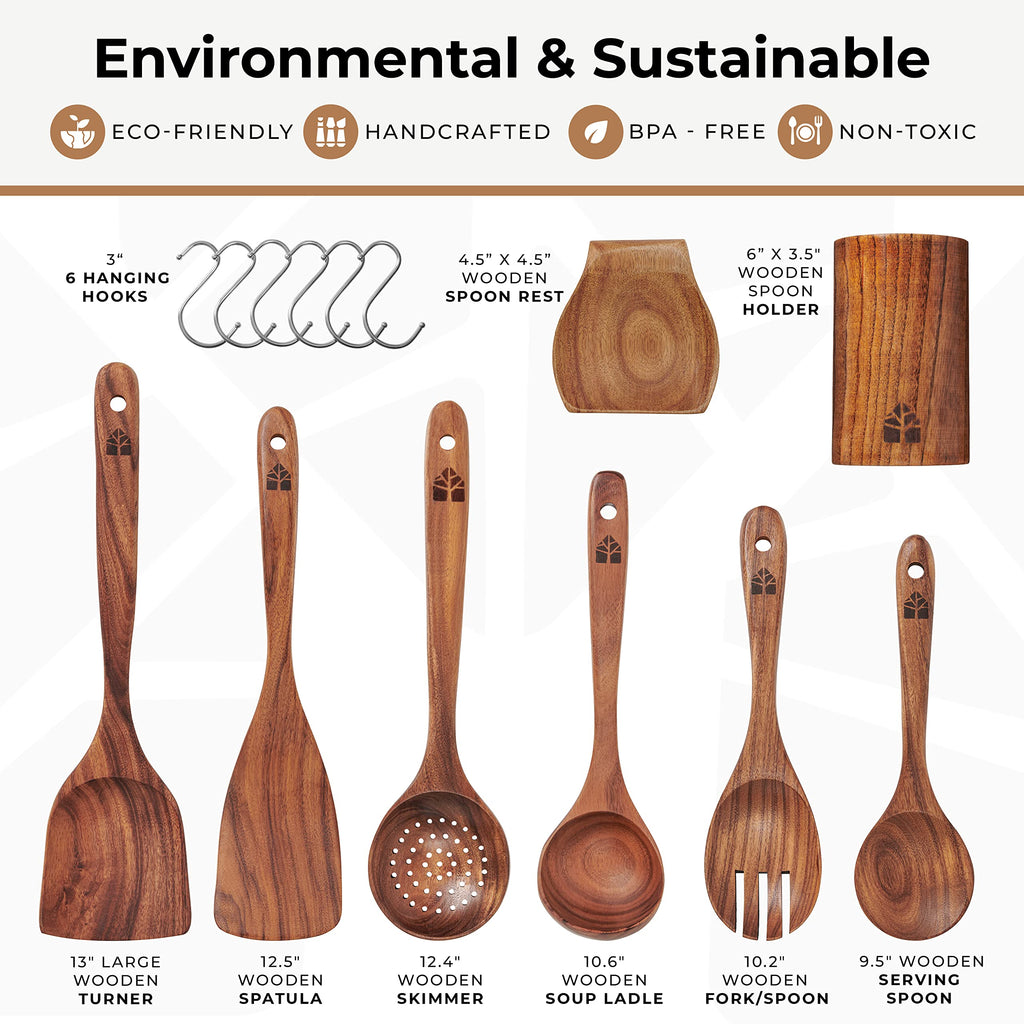 Woodenhouse Teak Wood Utensils Set - 12pc Cooking Spoons with Holder