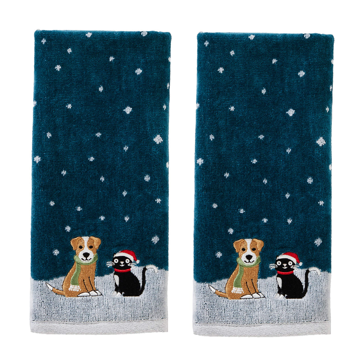 SKL Home Christmas/Winter Cat & Dog Hand Towel 2pc Set for Bath/Kitchen & Gift, Teal