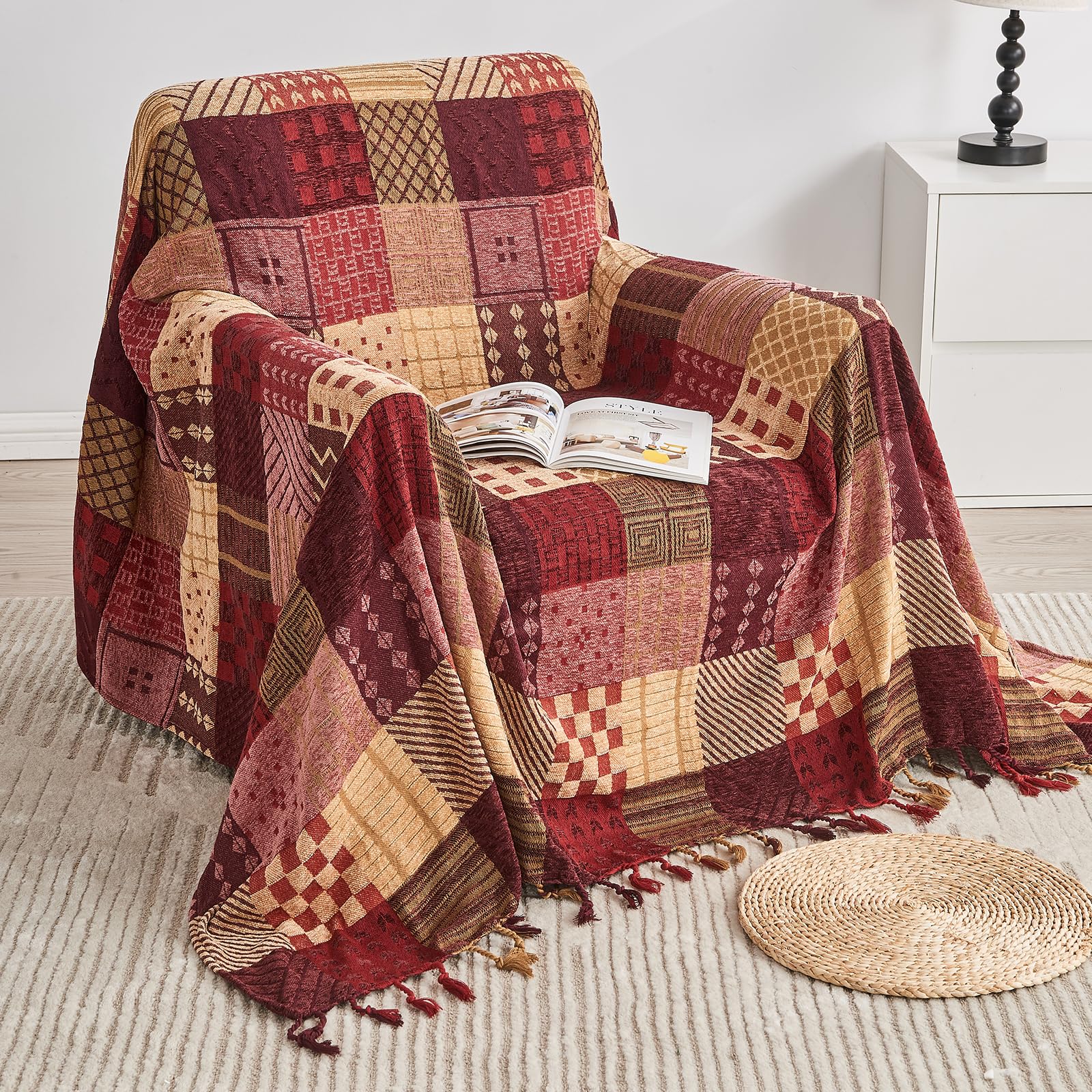 Edcooy Boho Throw Blanket – Patchwork Chenille Sofa Cover with Tassels