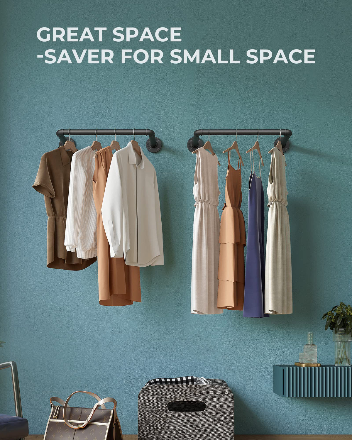 OROPY Set of 2 Wall Mounted Clothes Rail, 49cm Industrial Pipe Clothes Rack - image 2