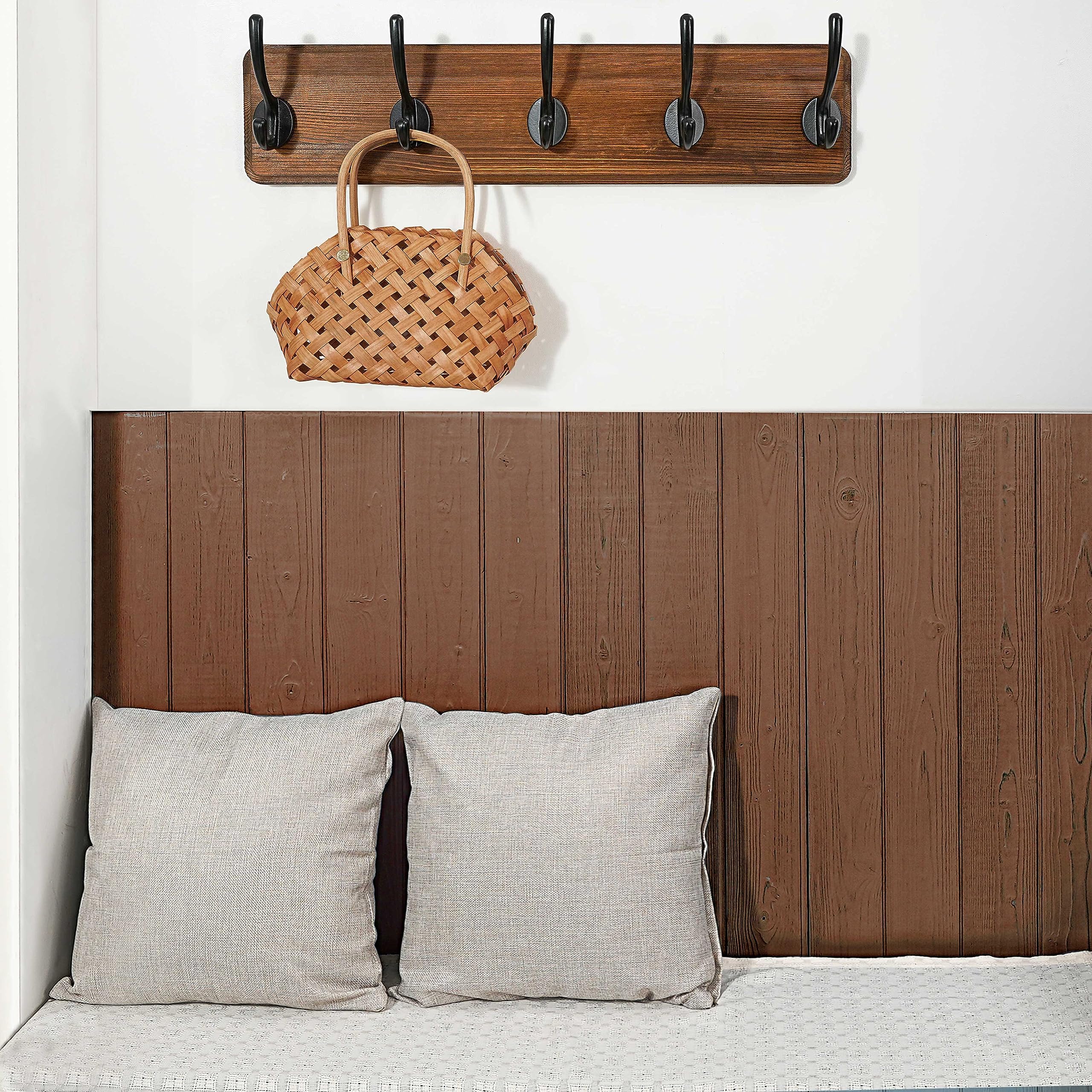 WEBI Rustic Solid Wood Wall Mounted Coat Rack with 5 Hooks - 2 Pack